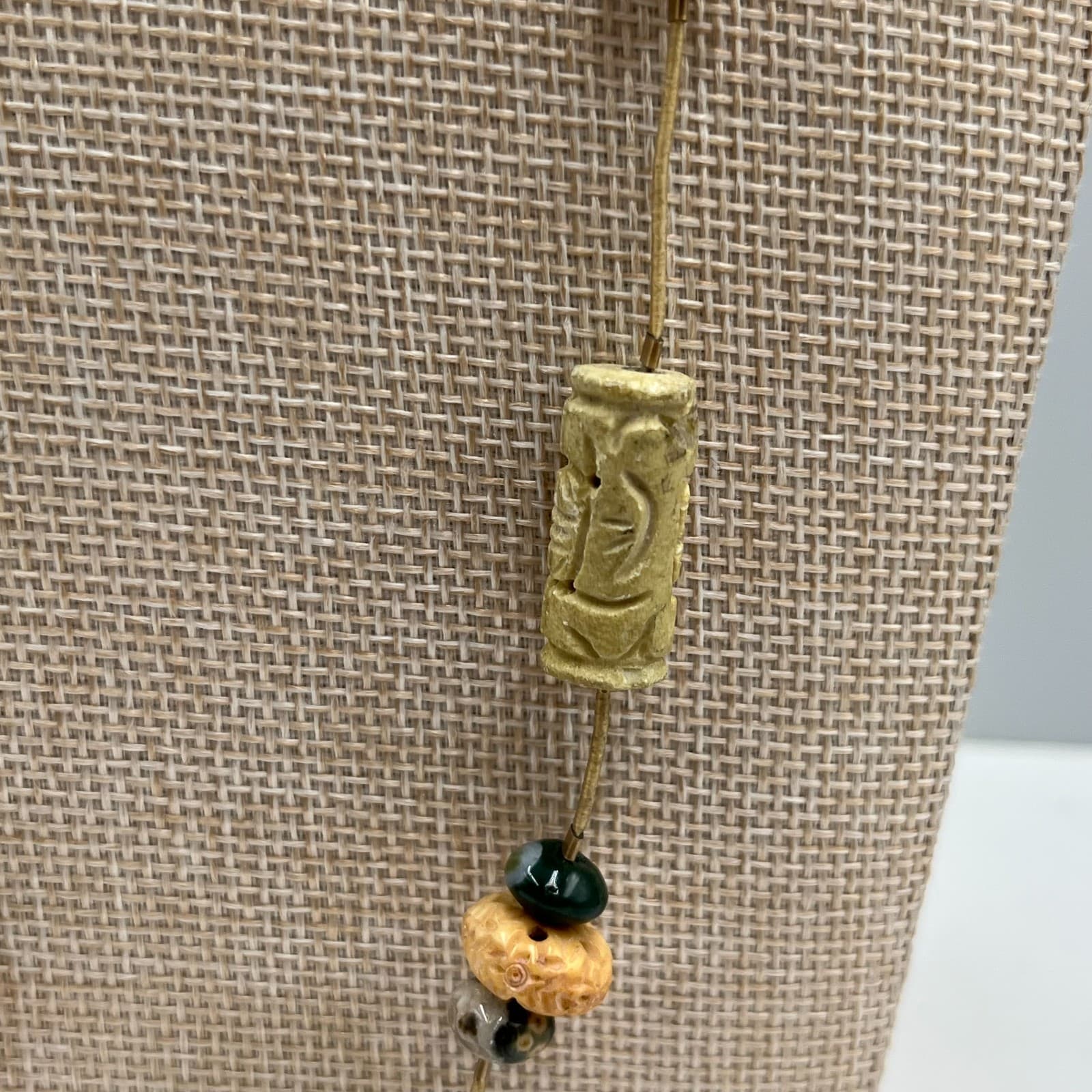 Vintage Egyptian Revival Scarab Necklace Multi-Stone Carved Glass Gold Tone 18" - Thumbnail 4