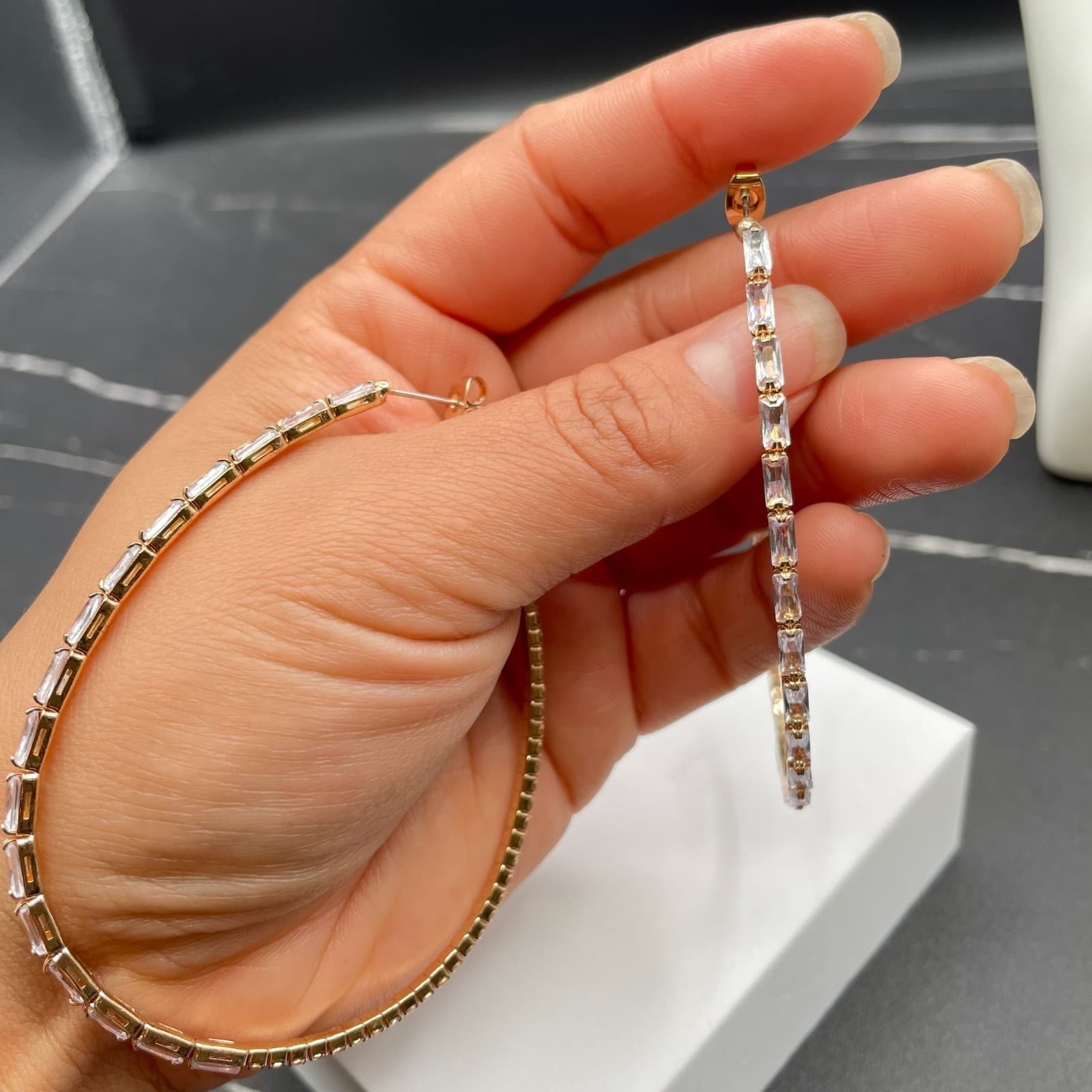 Embellished Gold-Tone Cubic Zirconia Baguette-Cut Prong Hoop Latch Back Earrings - Thumbnail 7