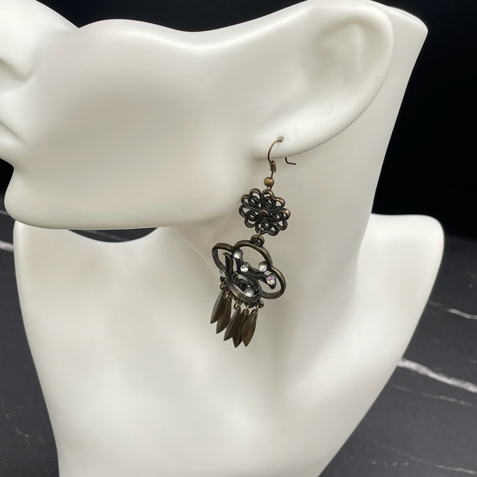 Vintage Bronze-Tone Rhinestone Floral Quatrefoil Swords Tassel Dangle Earrings - Thumbnail 13