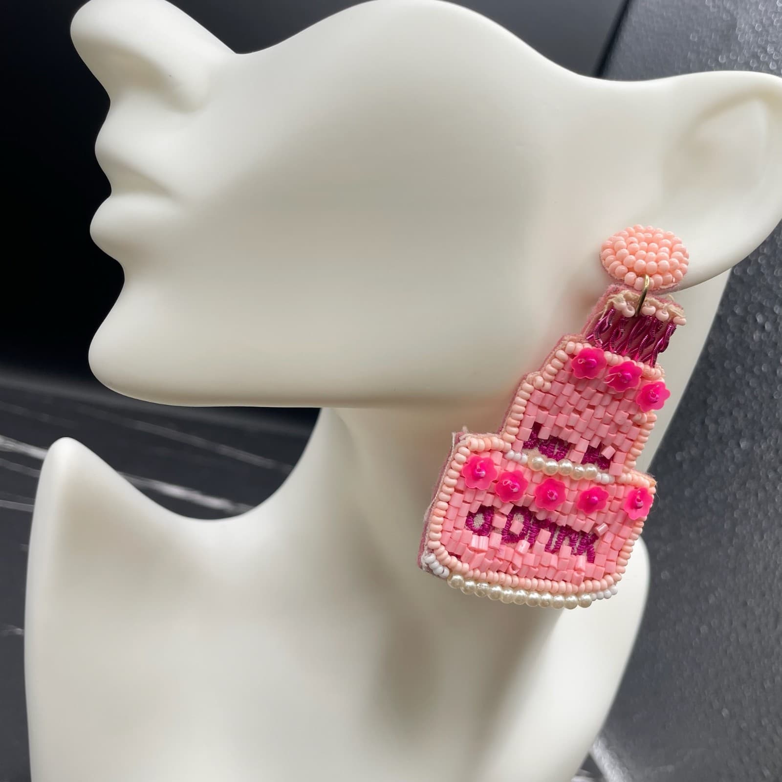 Pink Seed Bead Tiered Embroidery Thread "Buy Me a Drink" Cake Felt Drop Earrings - Thumbnail 6