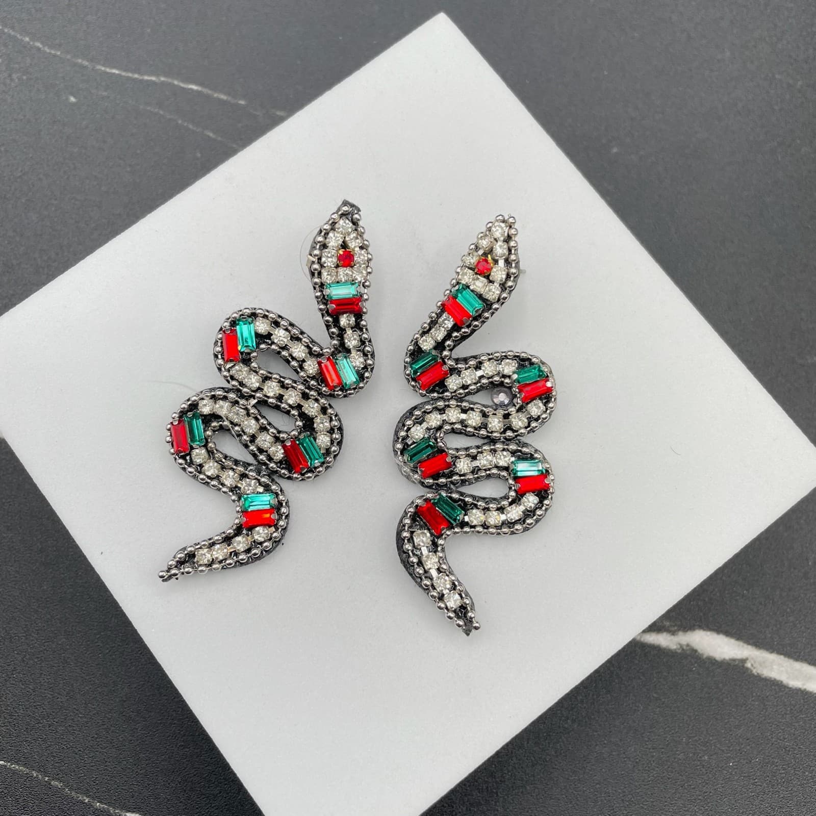 Multicolor Beaded Prong Rhinestone Felt Back Serpent Snake Push Back Earrings - Thumbnail 5