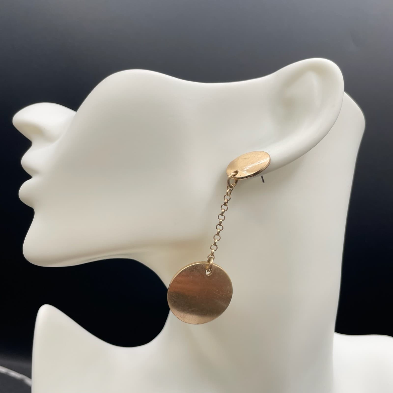 Contemporary Gold-Tone Classic Round Link Chain Double Disc Drop Dangle Earrings - Image 1