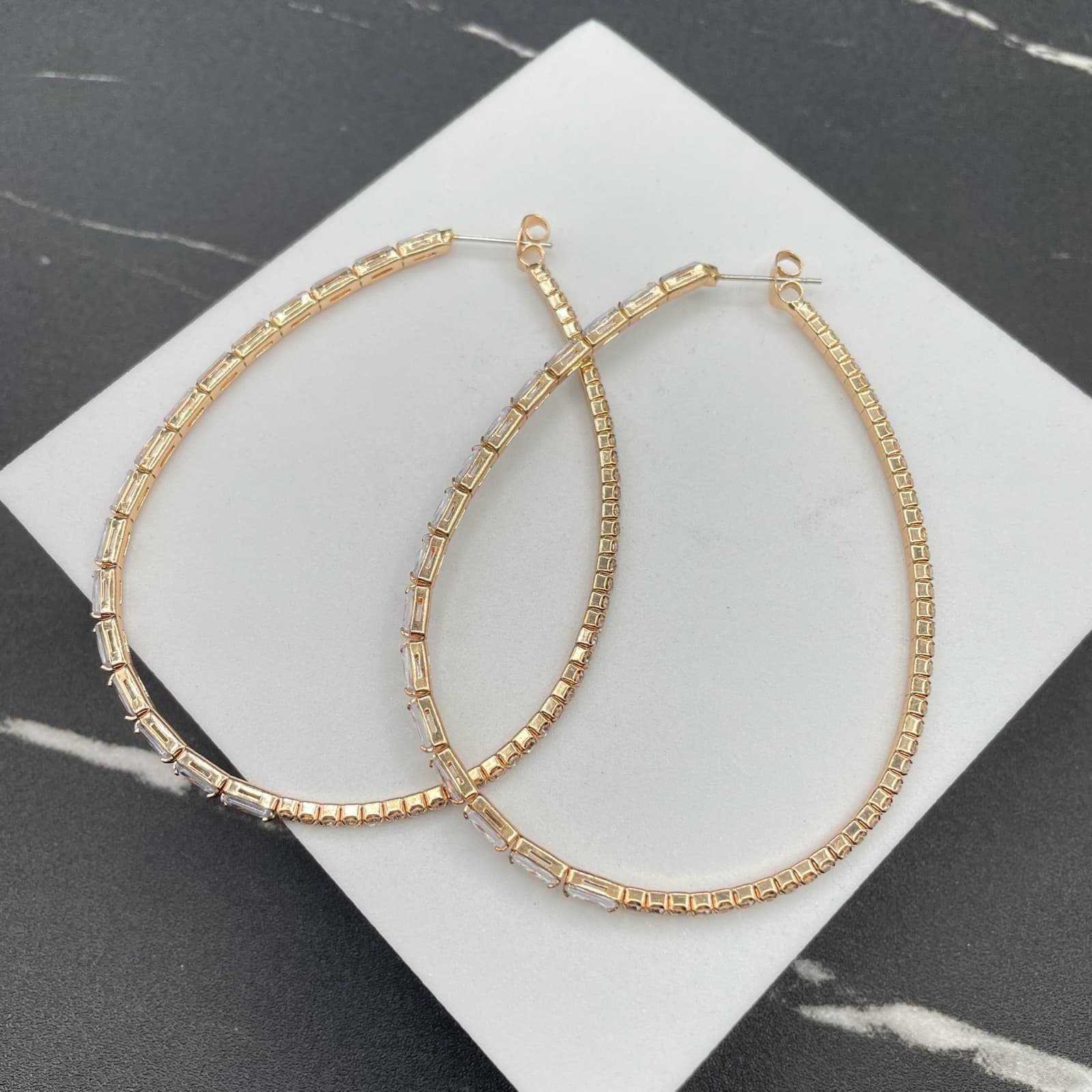 Embellished Gold-Tone Cubic Zirconia Baguette-Cut Prong Hoop Latch Back Earrings - Image 1