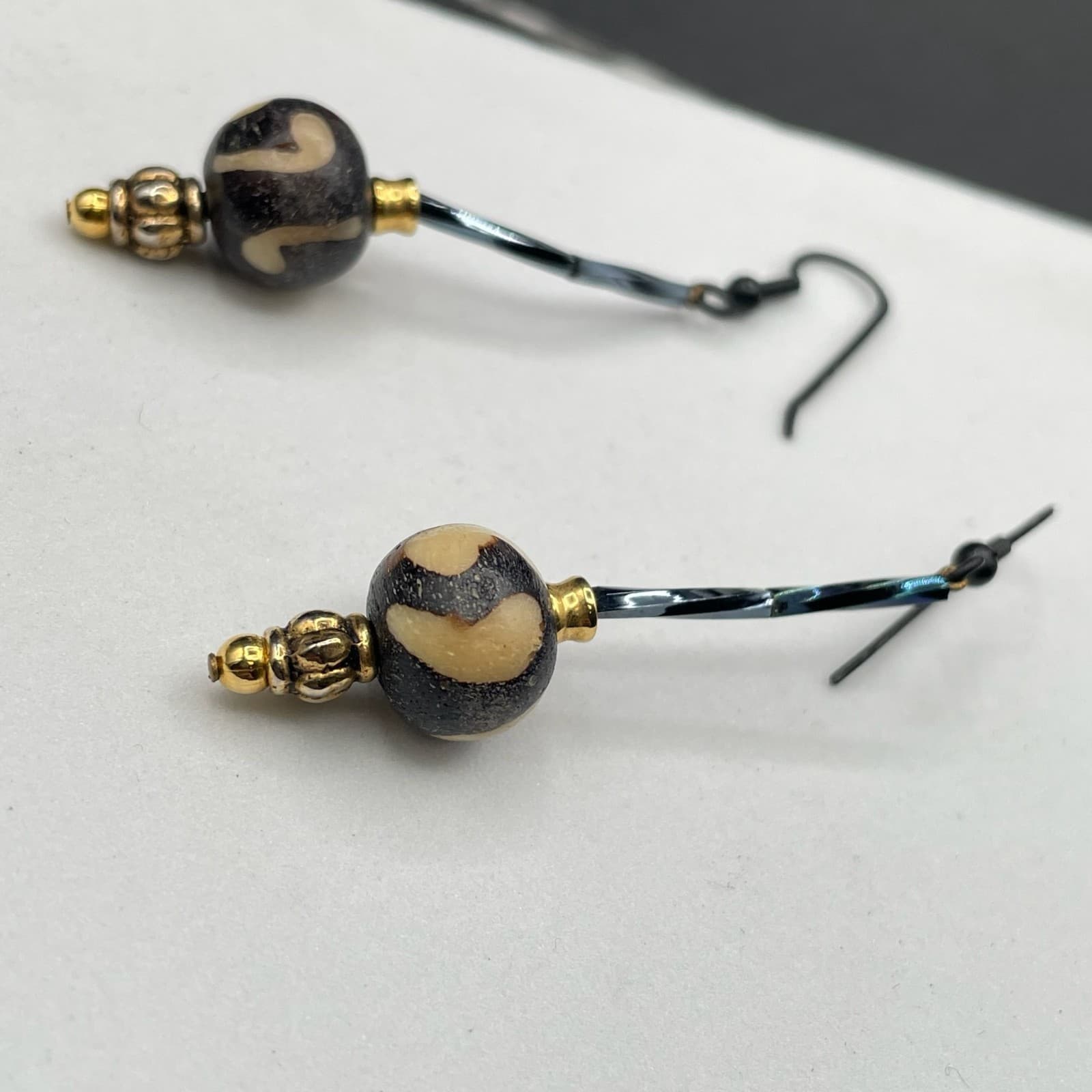 Bohemian Gold-Tone Surgical Steel Glass Ball Beaded Batik Bone Dangle Earrings - Thumbnail 5