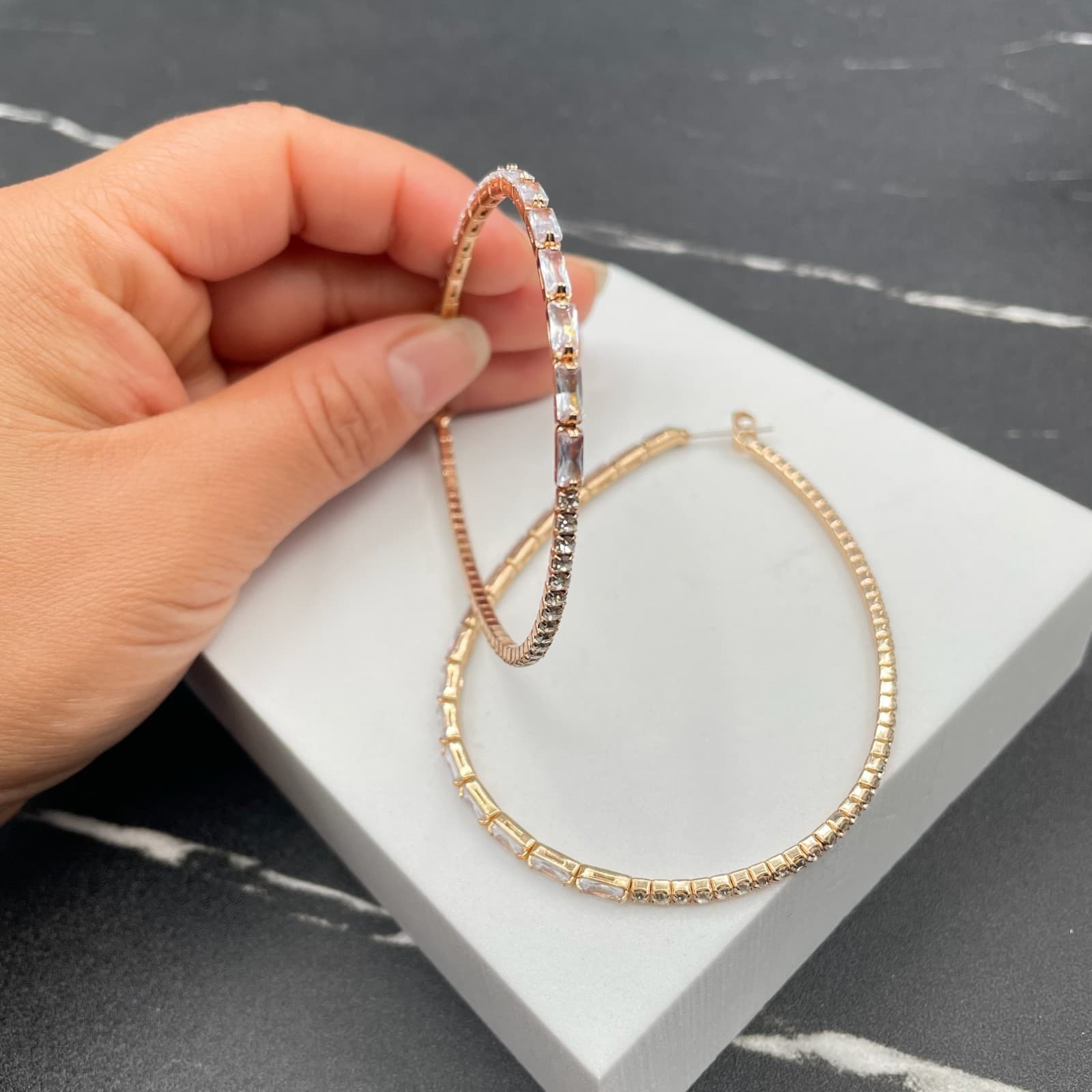 Embellished Gold-Tone Cubic Zirconia Baguette-Cut Prong Hoop Latch Back Earrings - Thumbnail 3