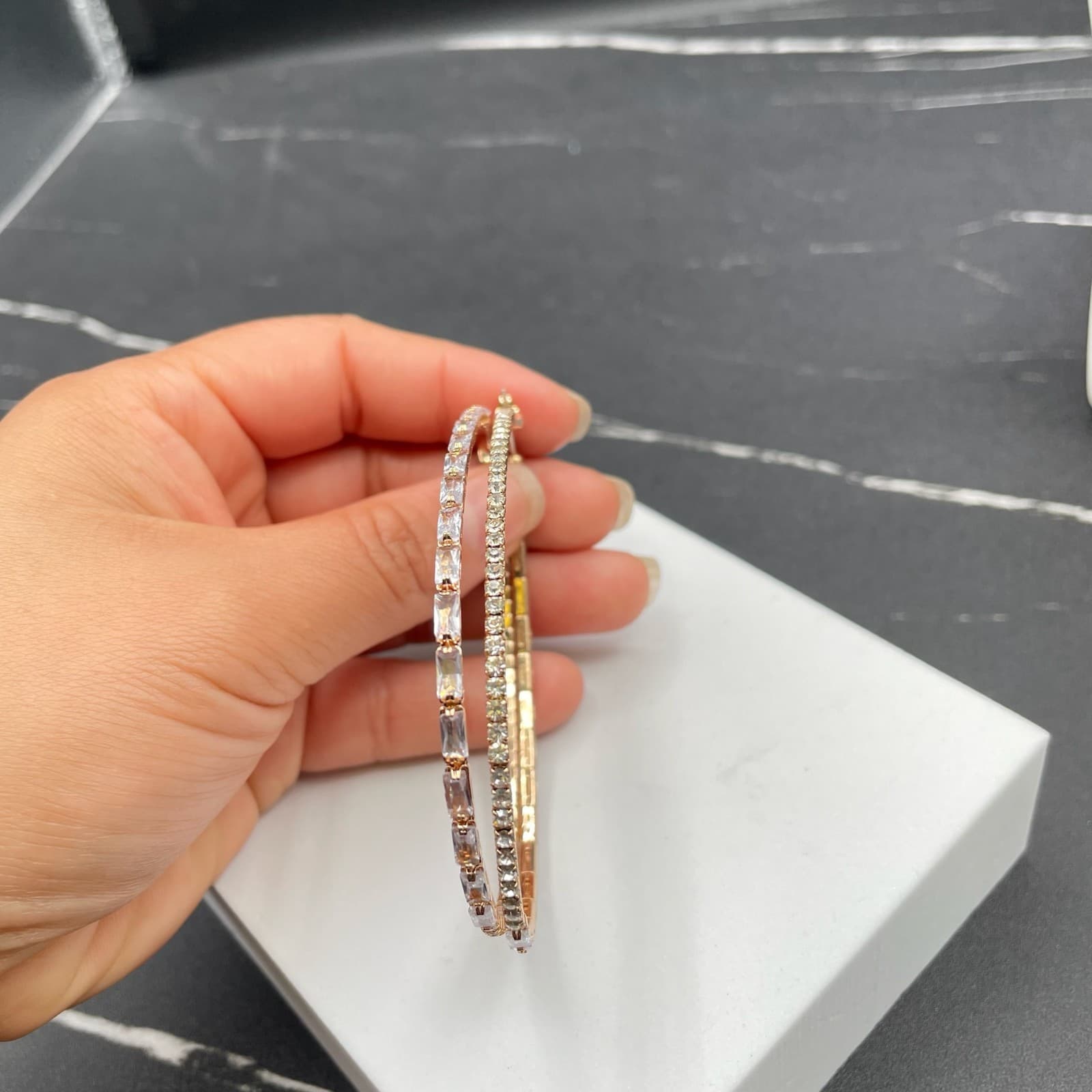 Embellished Gold-Tone Cubic Zirconia Baguette-Cut Prong Hoop Latch Back Earrings - Thumbnail 4