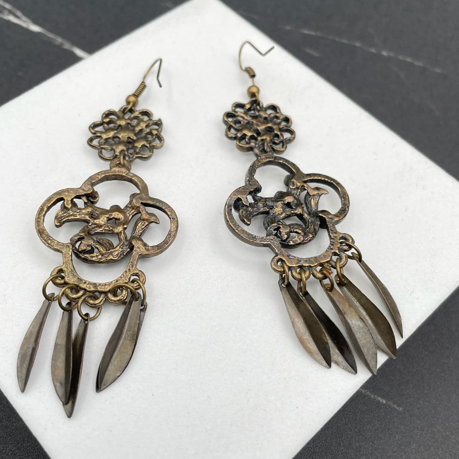 Vintage Bronze-Tone Rhinestone Floral Quatrefoil Swords Tassel Dangle Earrings - Thumbnail 5