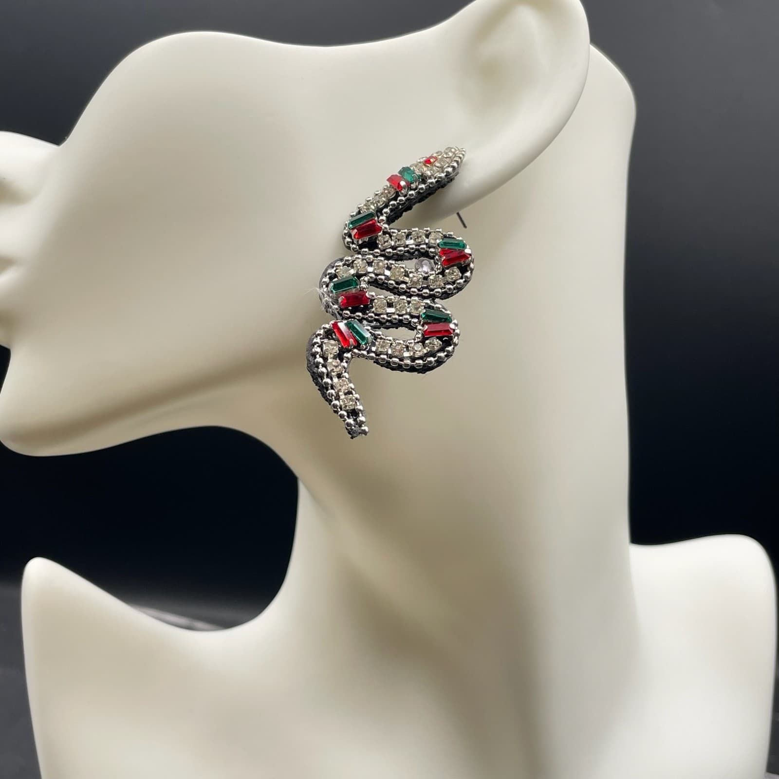 Multicolor Beaded Prong Rhinestone Felt Back Serpent Snake Push Back Earrings - Thumbnail 11