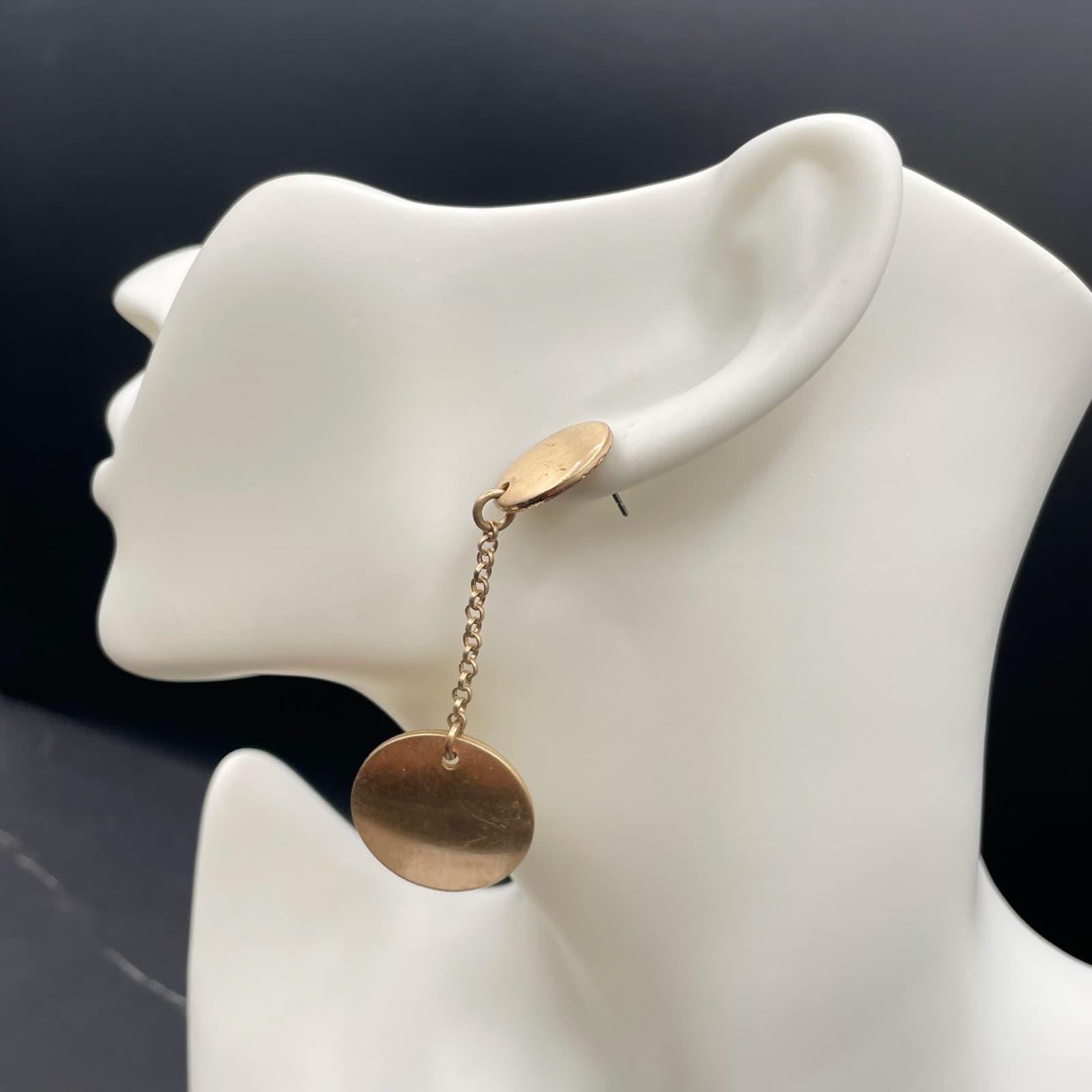 Contemporary Gold-Tone Classic Round Link Chain Double Disc Drop Dangle Earrings - Thumbnail 10