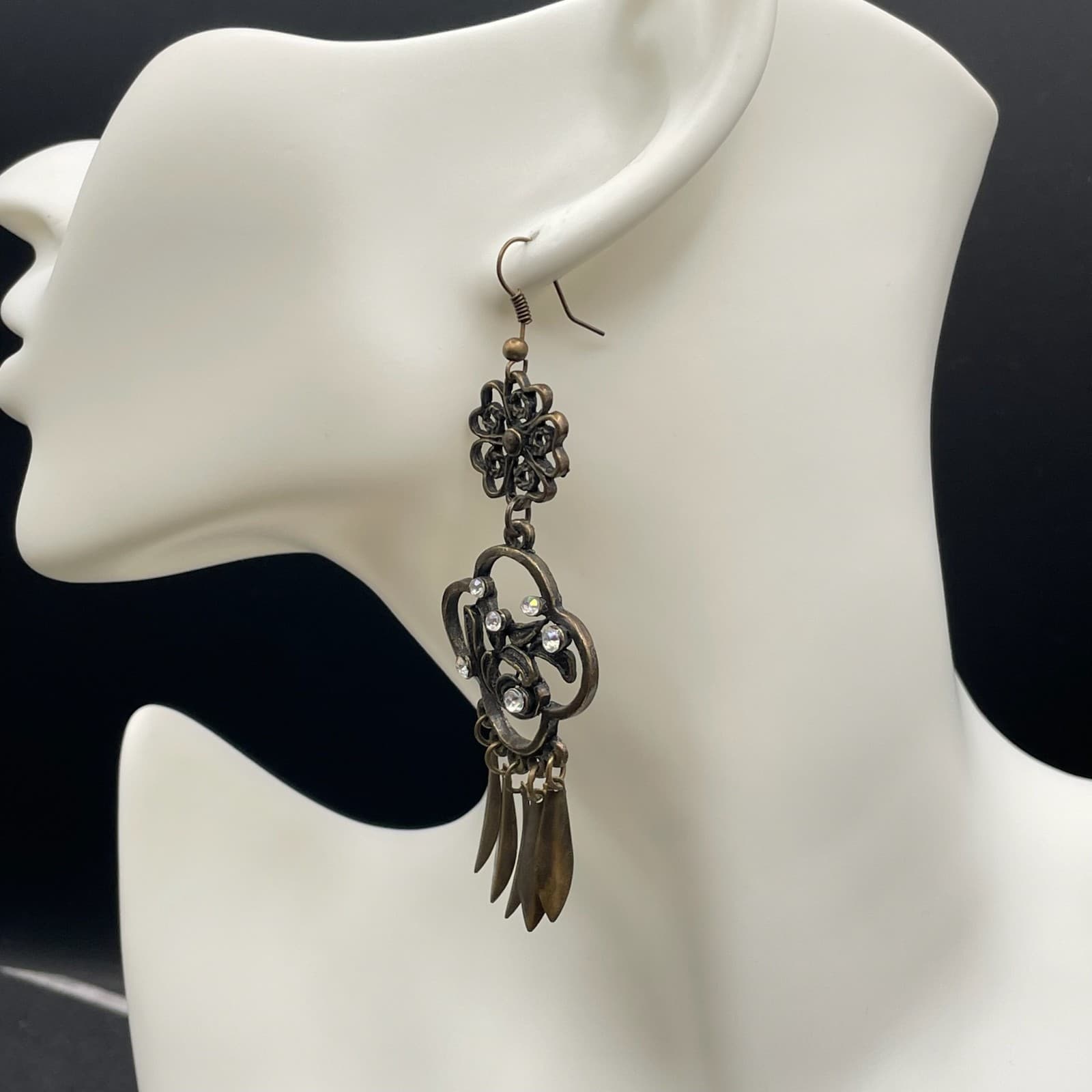 Vintage Bronze-Tone Rhinestone Floral Quatrefoil Swords Tassel Dangle Earrings - Thumbnail 12