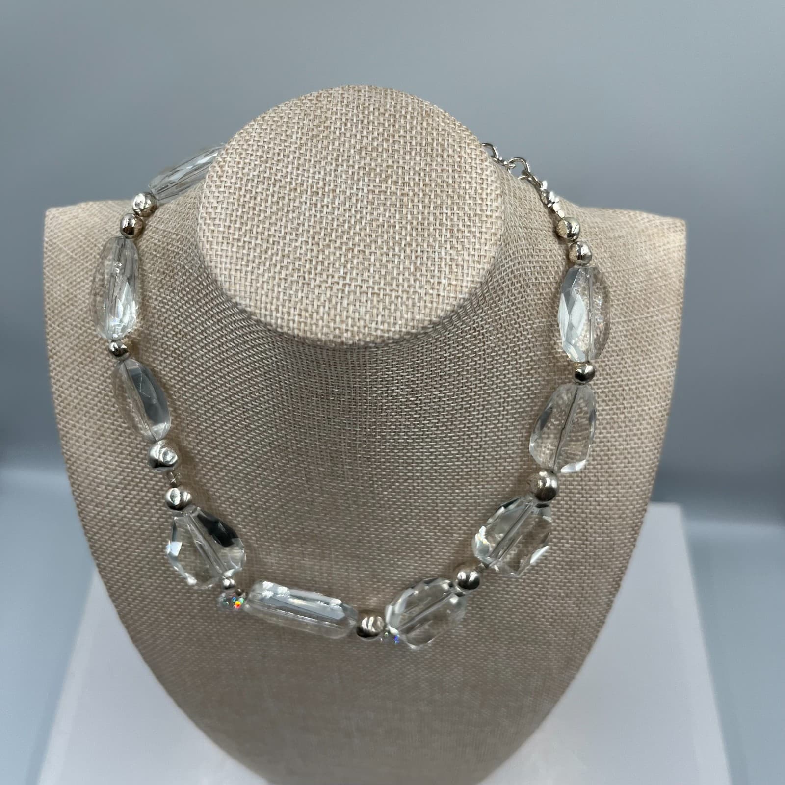 Vintage Chico's Clear Faceted Glass Bead Necklace Chunky Silver Tone Statement - Thumbnail 2