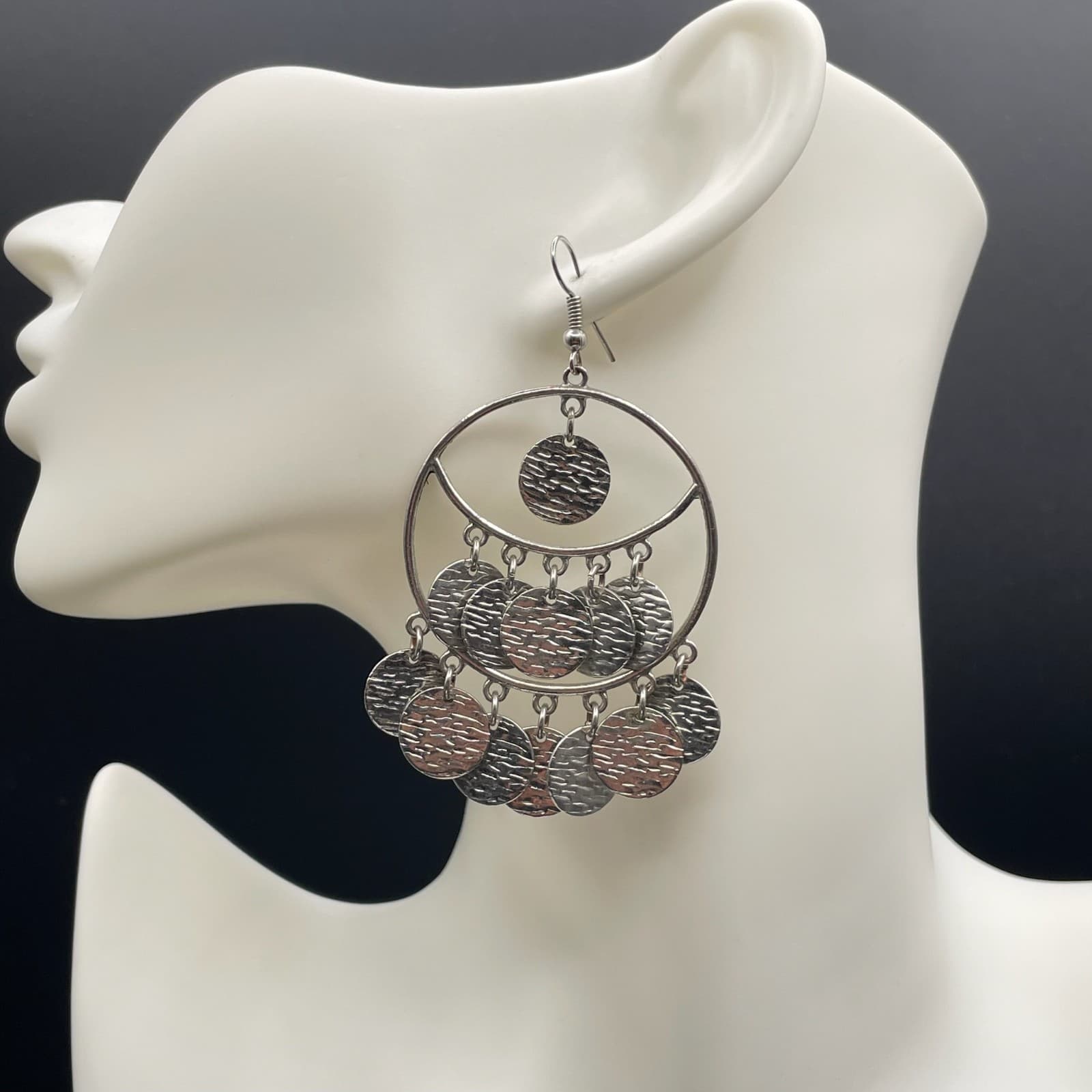 Vintage Silver-Tone Hammered Multi-Disc Chandelier Hoop Drop Hook Earrings - Thumbnail 6