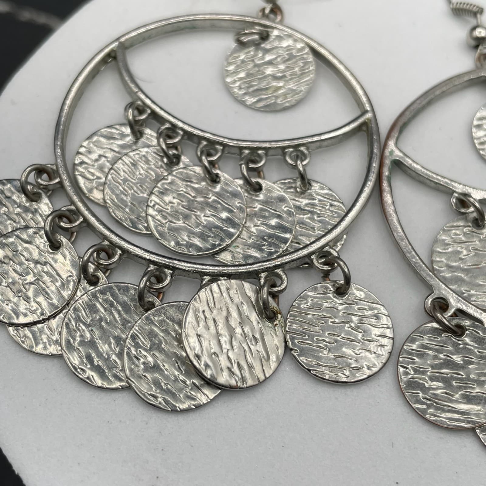 Vintage Silver-Tone Hammered Multi-Disc Chandelier Hoop Drop Hook Earrings - Thumbnail 4