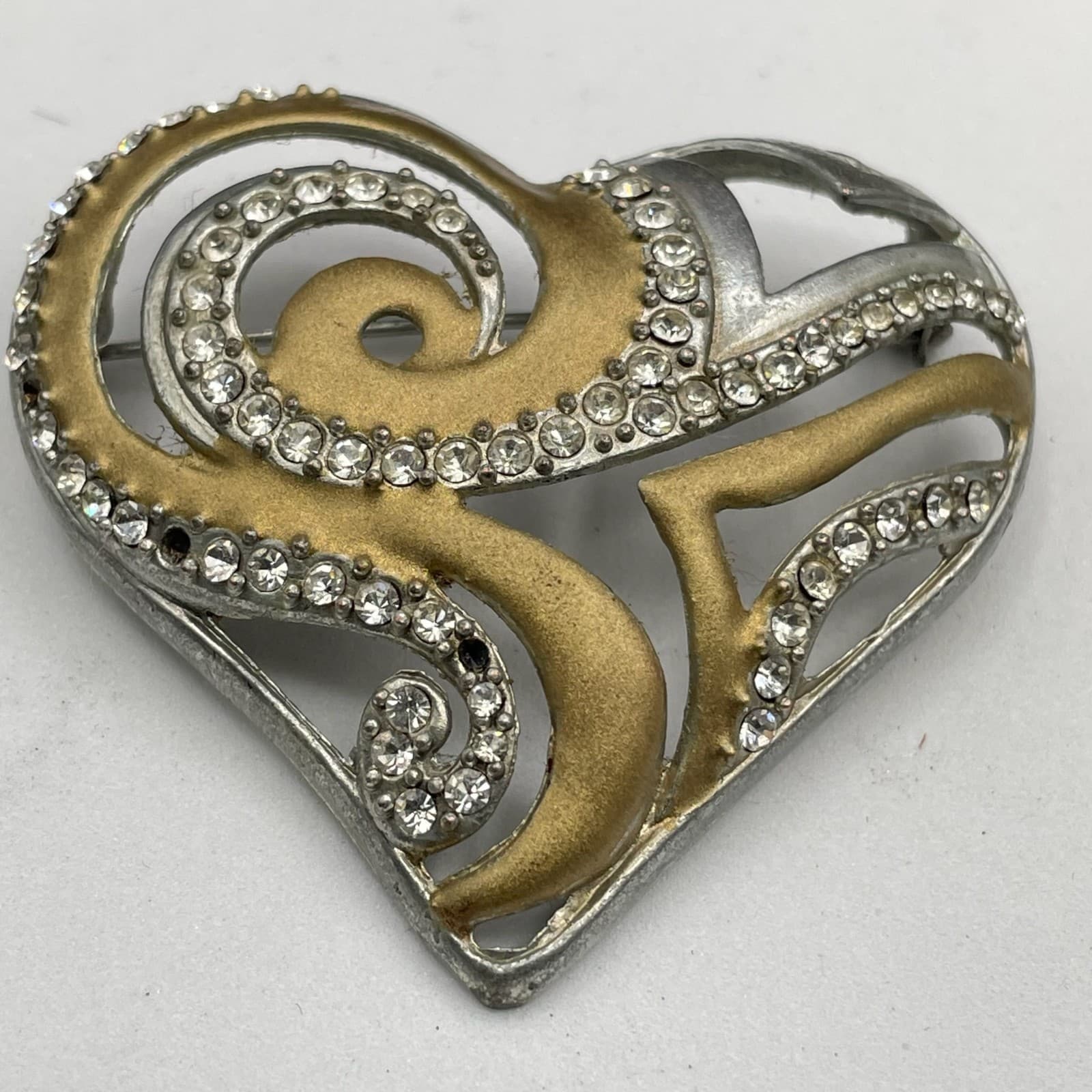 Chico's AHA Two-Tone Classic Fashion Women's Rhinestones Heart Shape Brooch Pin - Thumbnail 5