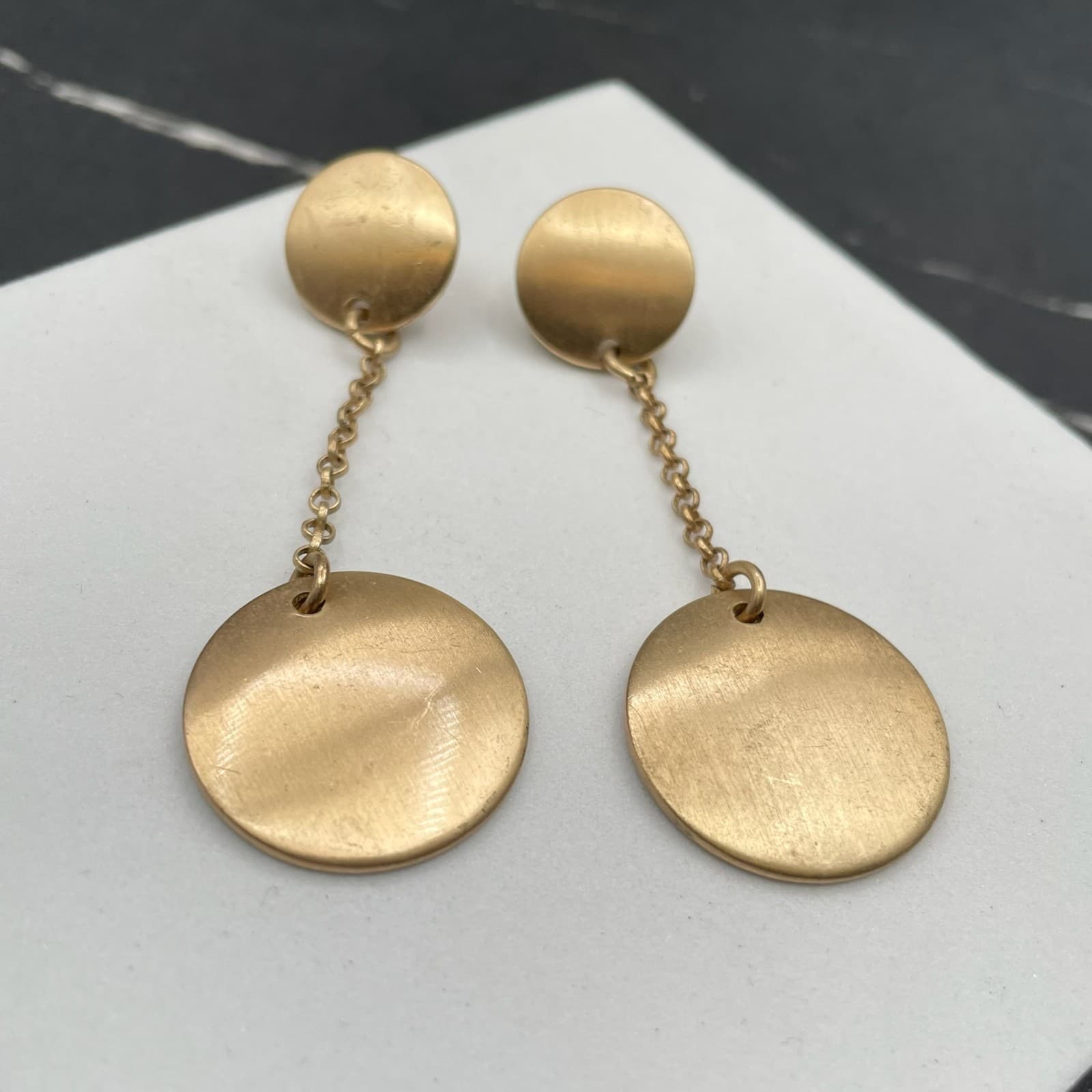 Contemporary Gold-Tone Classic Round Link Chain Double Disc Drop Dangle Earrings - Thumbnail 8