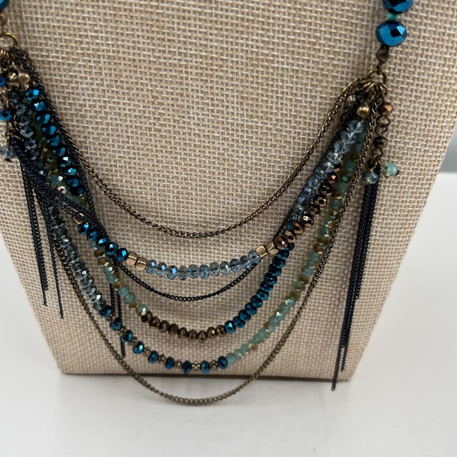 Vintage Multi Strand Beaded Necklace Teal Blue Boho Statement Bronze Fringe - Thumbnail 3