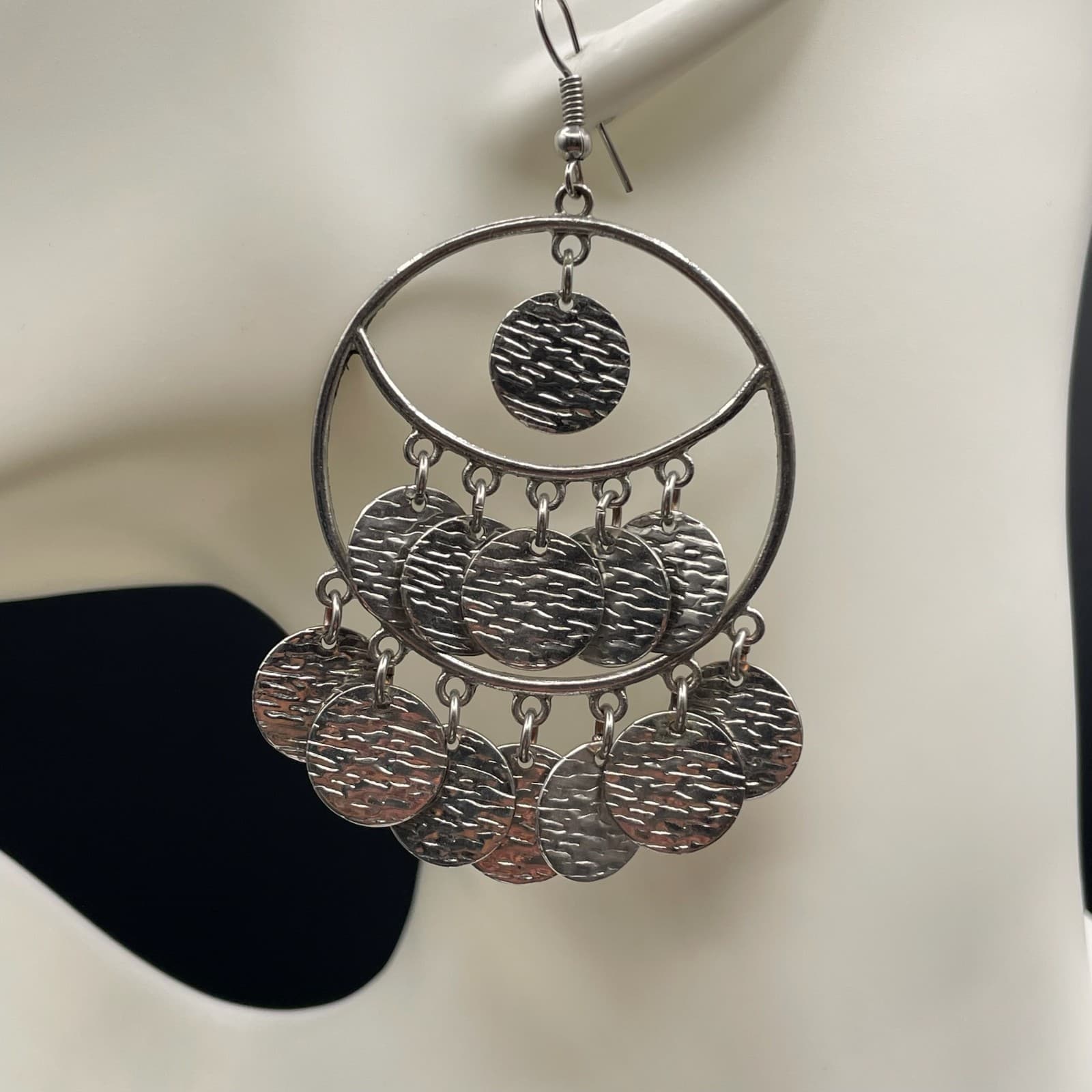 Vintage Silver-Tone Hammered Multi-Disc Chandelier Hoop Drop Hook Earrings - Thumbnail 7