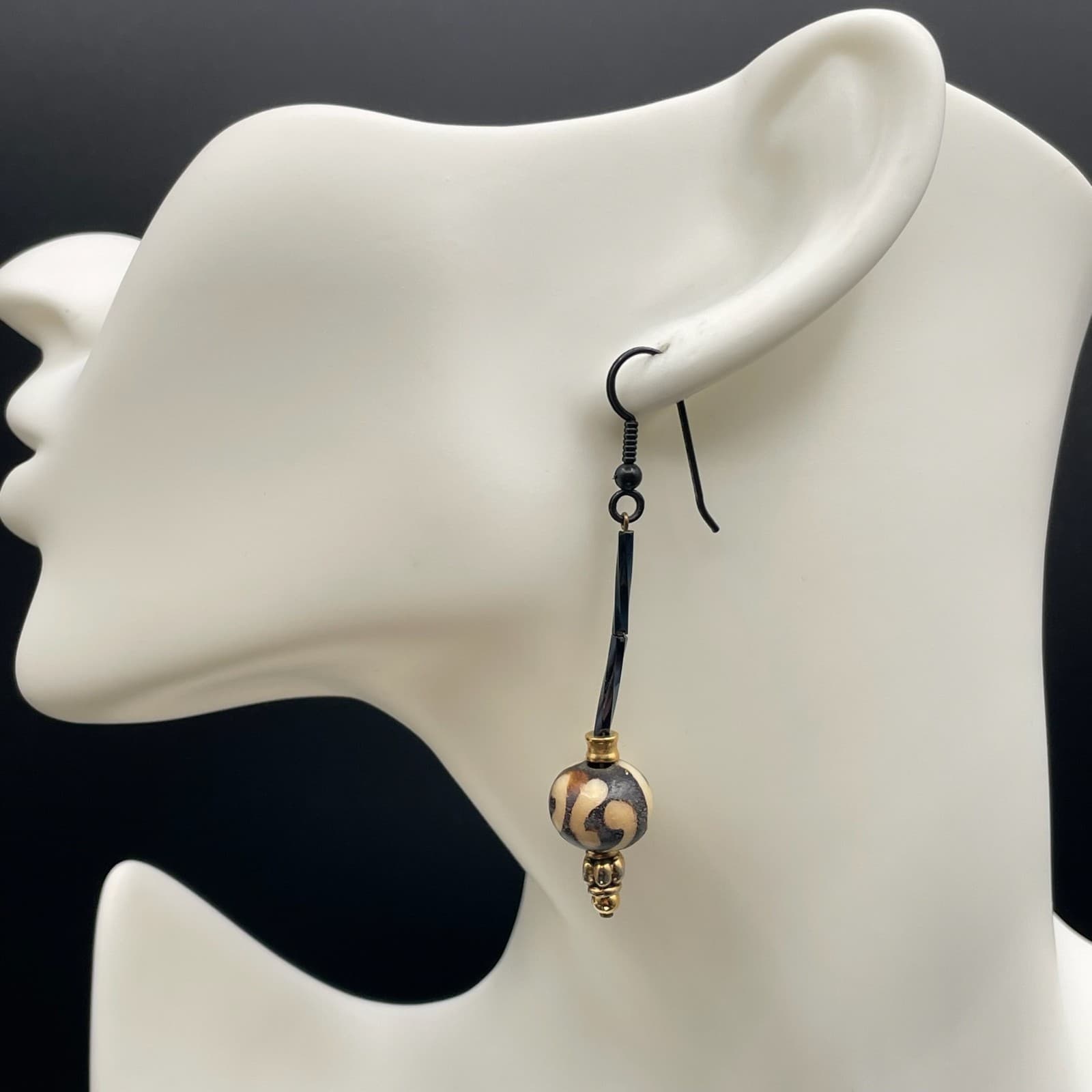 Bohemian Gold-Tone Surgical Steel Glass Ball Beaded Batik Bone Dangle Earrings - Image 1