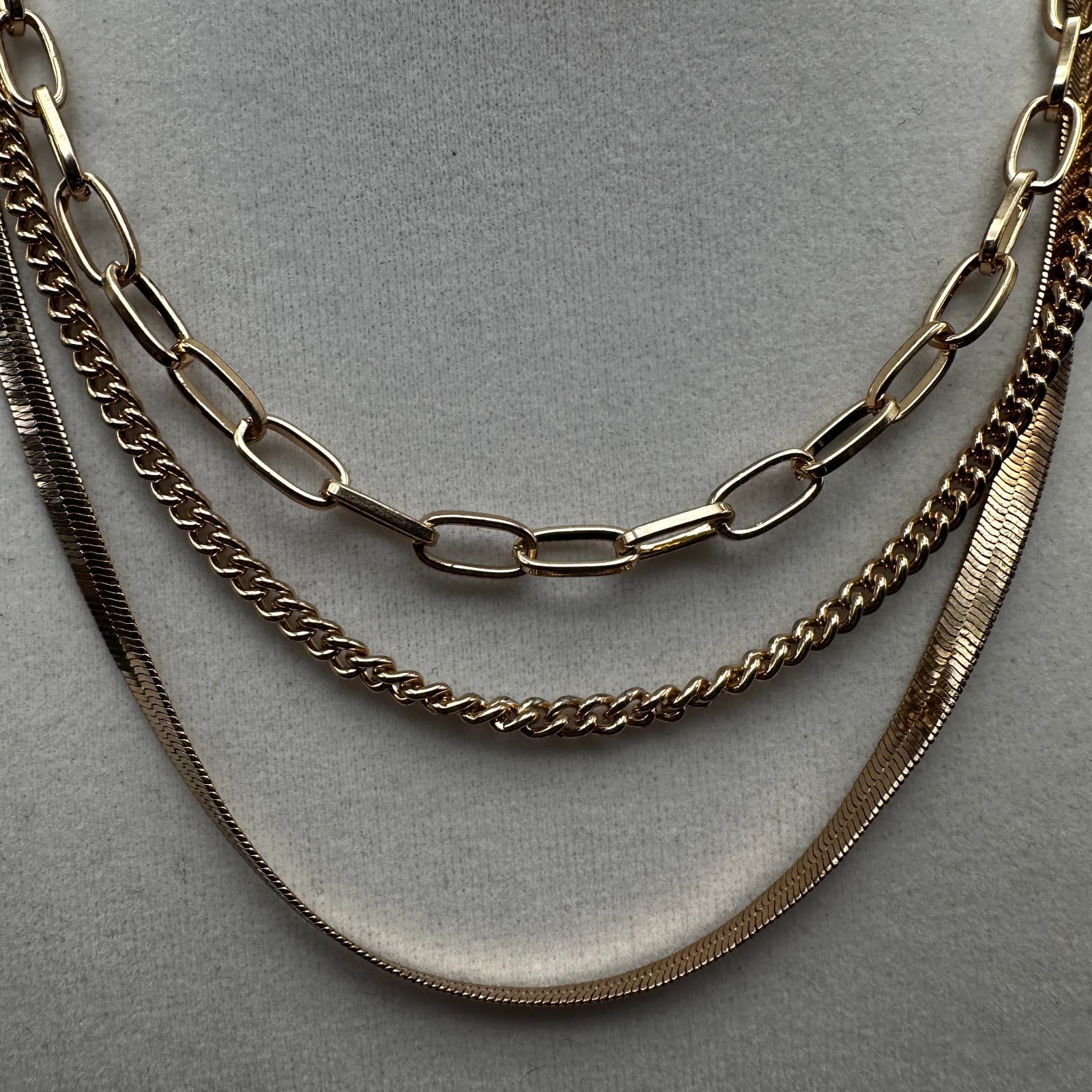 Vintage 90s Gold Tone Multi-Strand Layered Chain Necklace Herringbone Style - Thumbnail 8