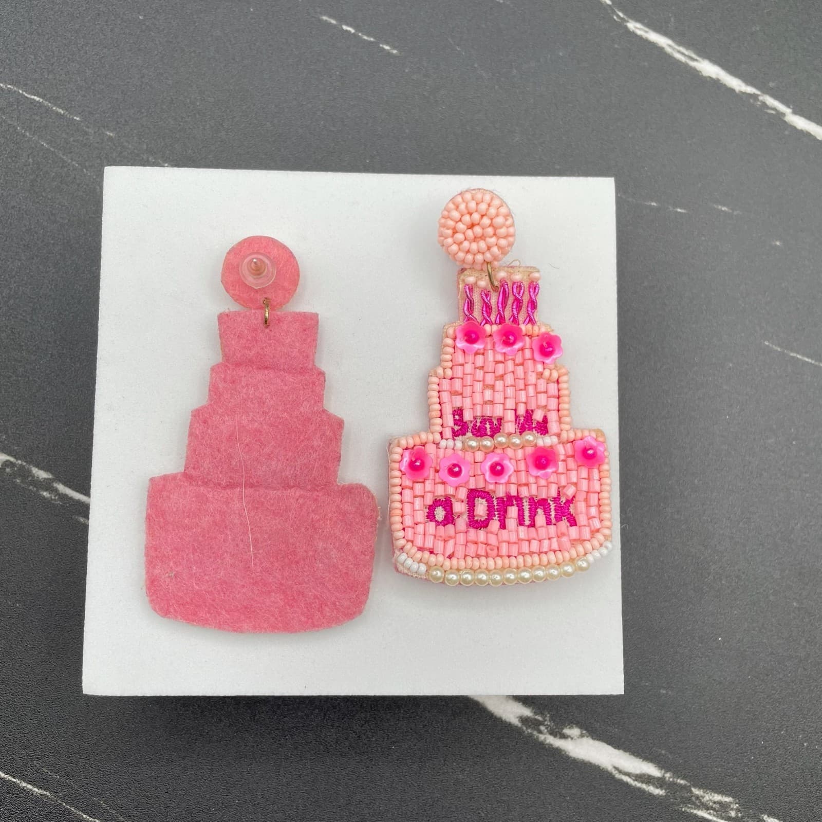 Pink Seed Bead Tiered Embroidery Thread "Buy Me a Drink" Cake Felt Drop Earrings - Thumbnail 3