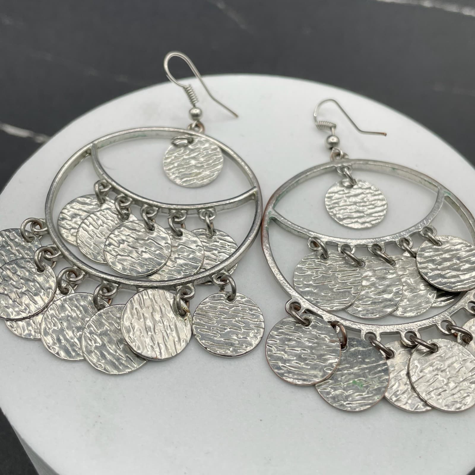 Vintage Silver-Tone Hammered Multi-Disc Chandelier Hoop Drop Hook Earrings - Thumbnail 3
