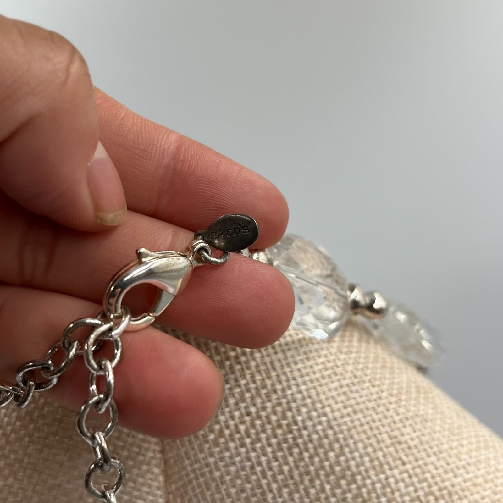 Vintage Chico's Clear Faceted Glass Bead Necklace Chunky Silver Tone Statement - Thumbnail 6