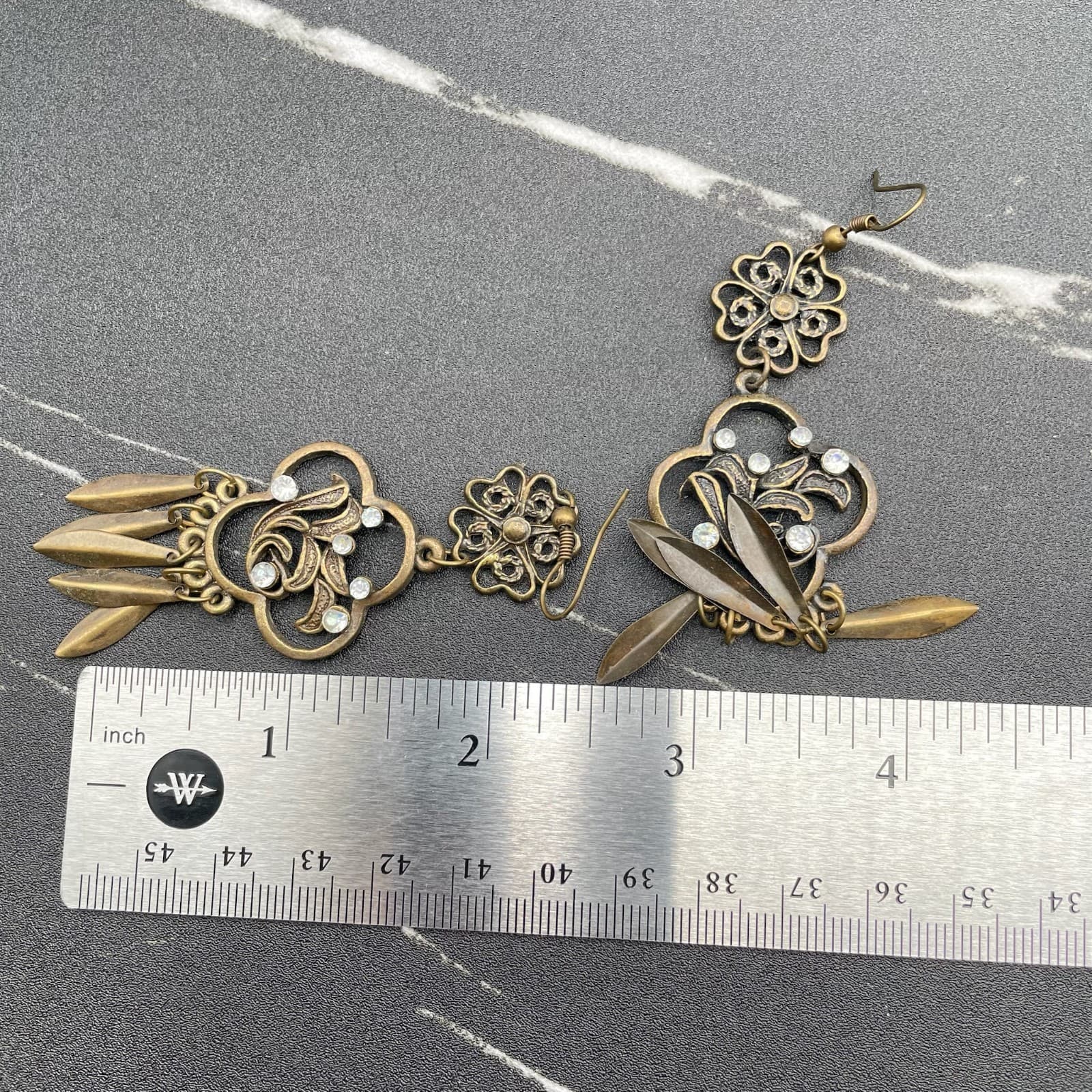 Vintage Bronze-Tone Rhinestone Floral Quatrefoil Swords Tassel Dangle Earrings - Thumbnail 2