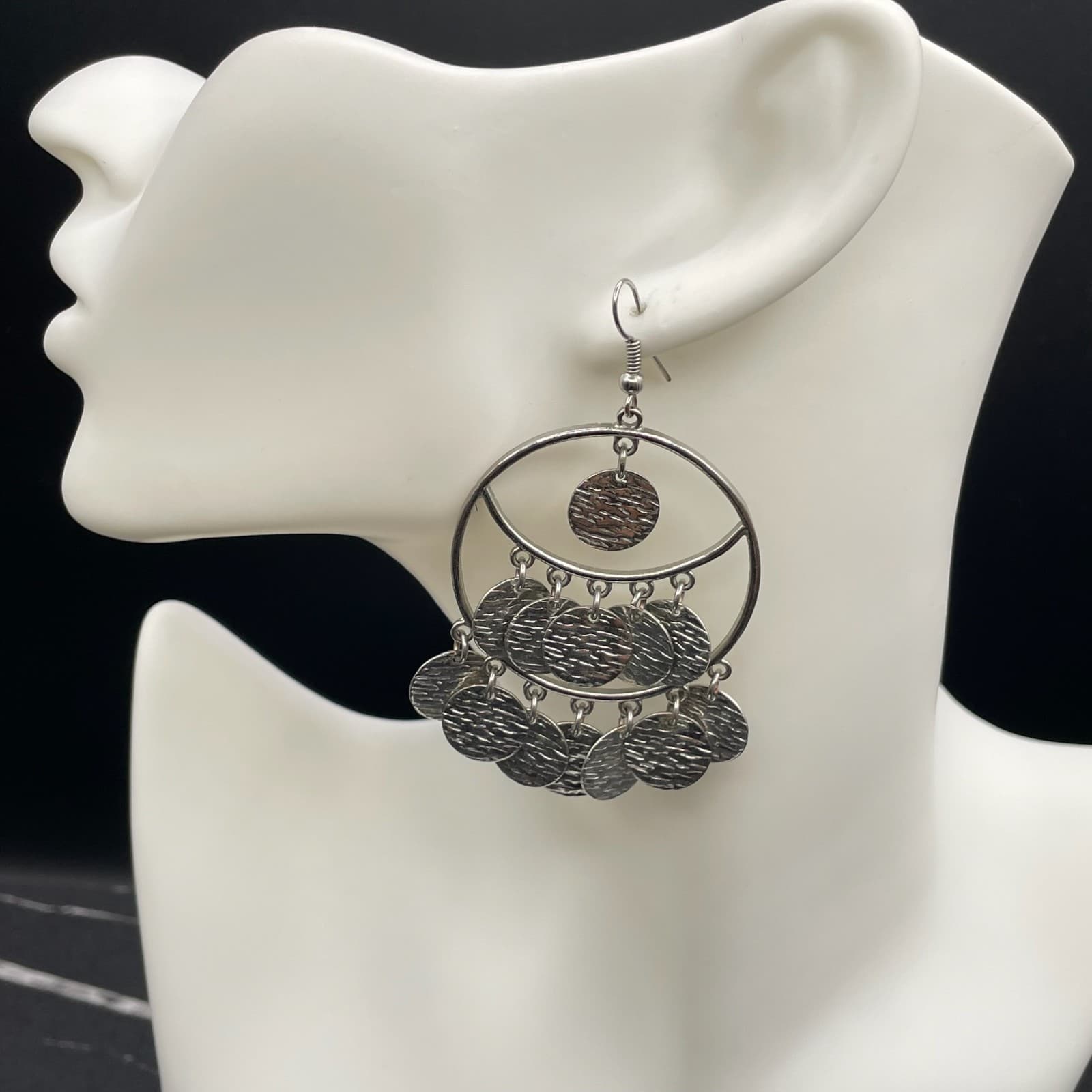 Vintage Silver-Tone Hammered Multi-Disc Chandelier Hoop Drop Hook Earrings - Image 1
