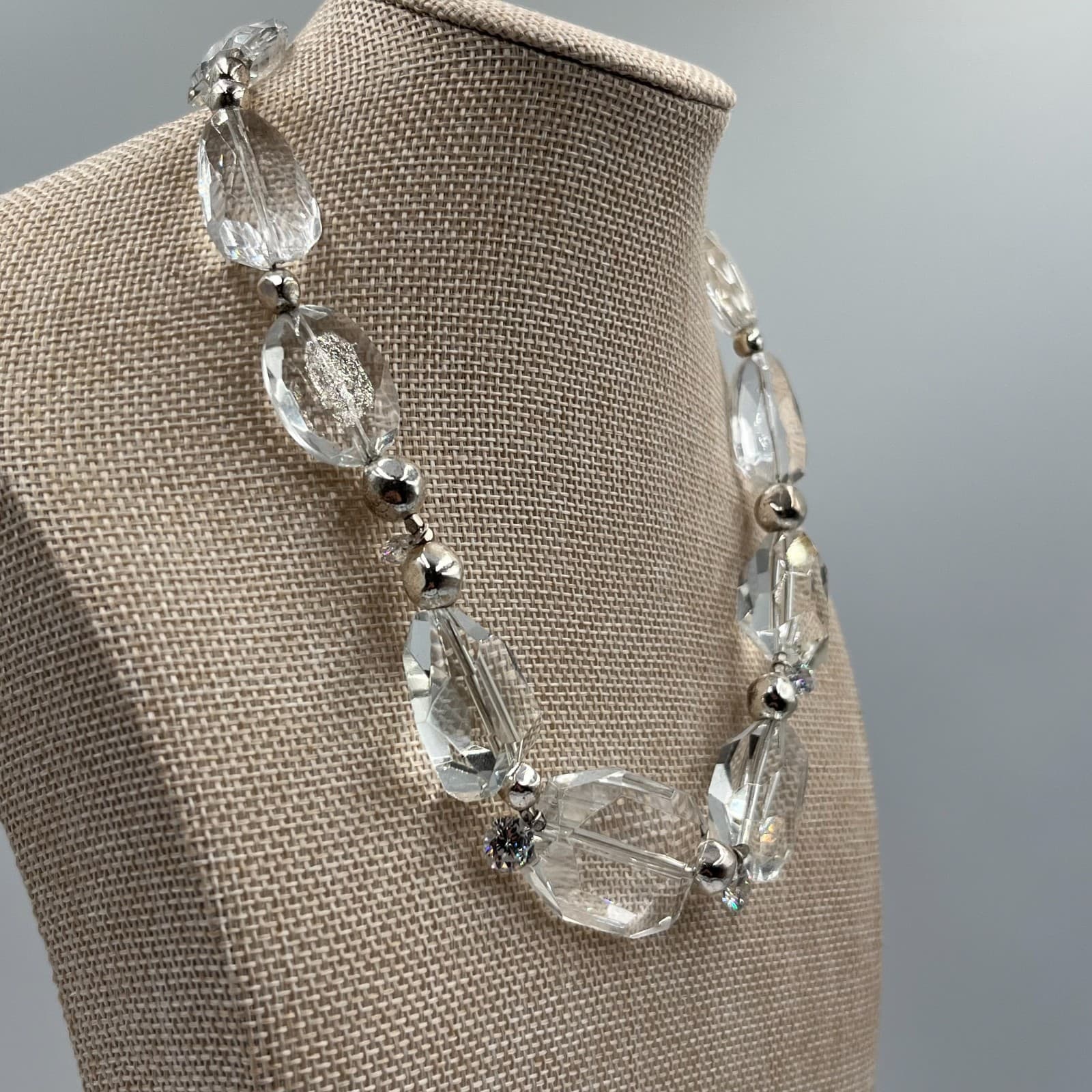 Vintage Chico's Clear Faceted Glass Bead Necklace Chunky Silver Tone Statement - Thumbnail 5