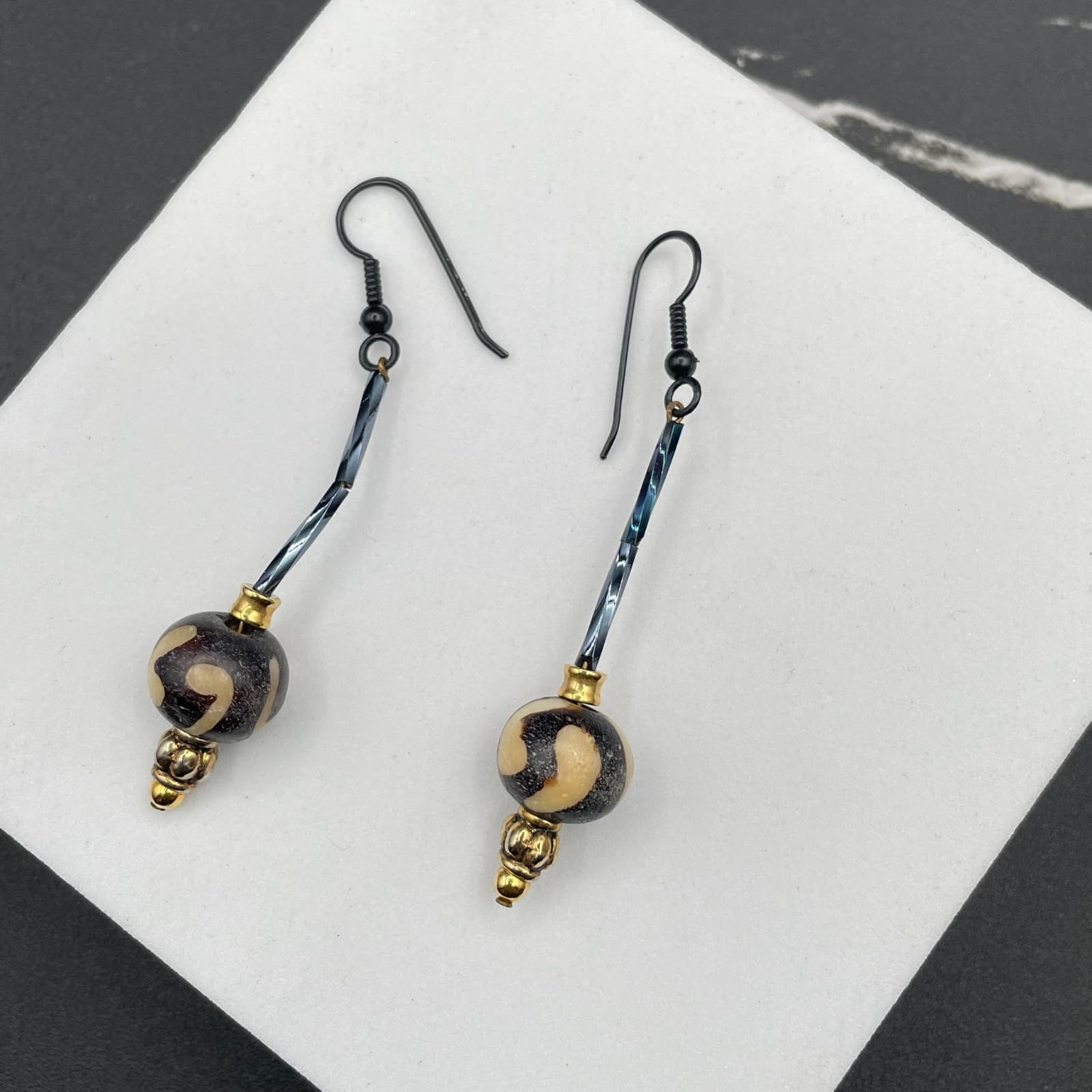 Bohemian Gold-Tone Surgical Steel Glass Ball Beaded Batik Bone Dangle Earrings - Thumbnail 2