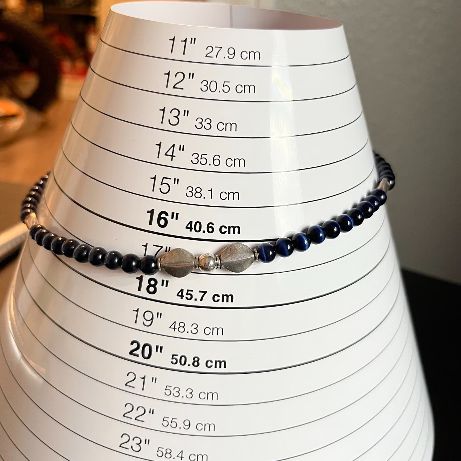 Vintage Blue Tiger’s Eye Beaded Necklace Hawk’s Eye Chatoyant Gemstone Silver - Thumbnail 6