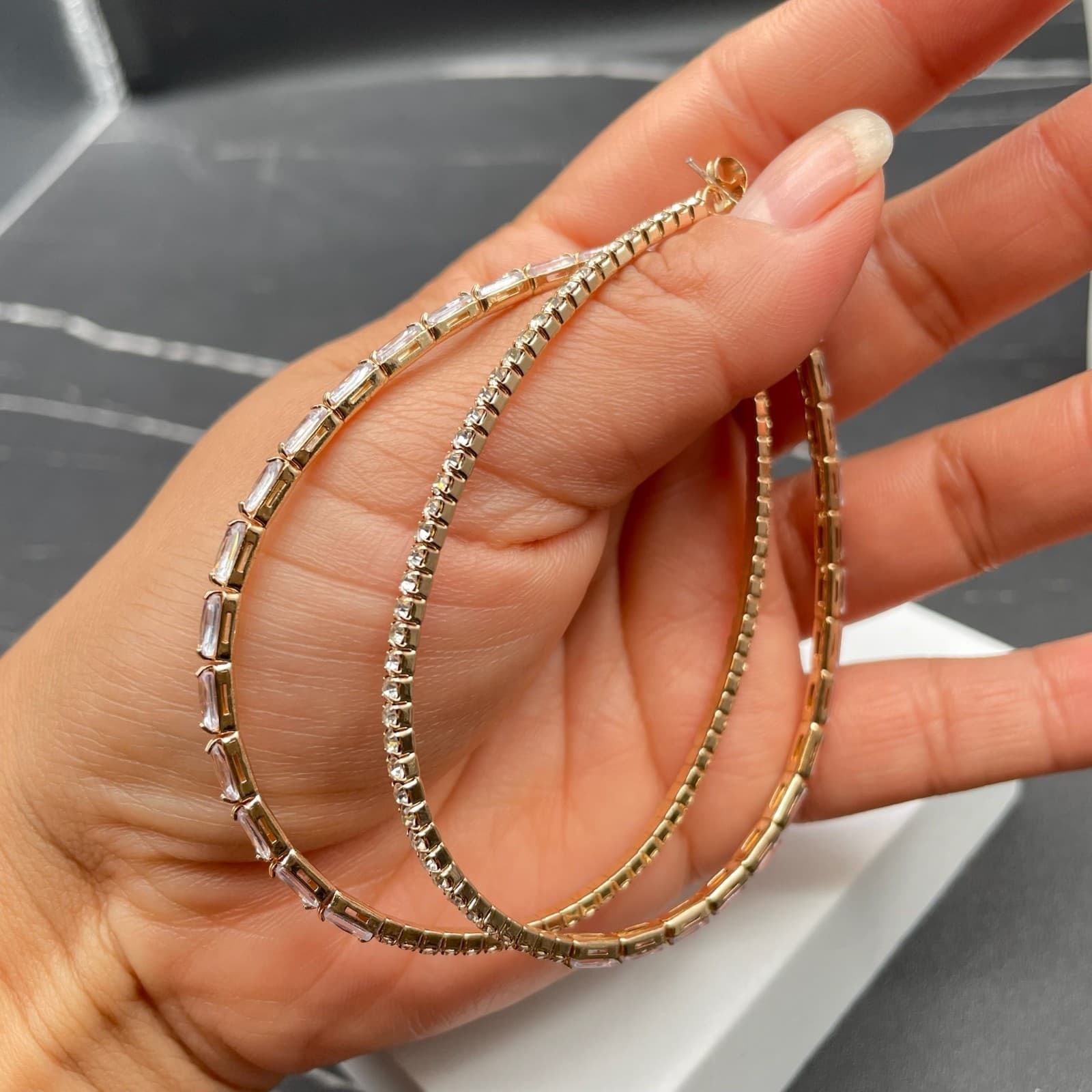 Embellished Gold-Tone Cubic Zirconia Baguette-Cut Prong Hoop Latch Back Earrings - Thumbnail 5