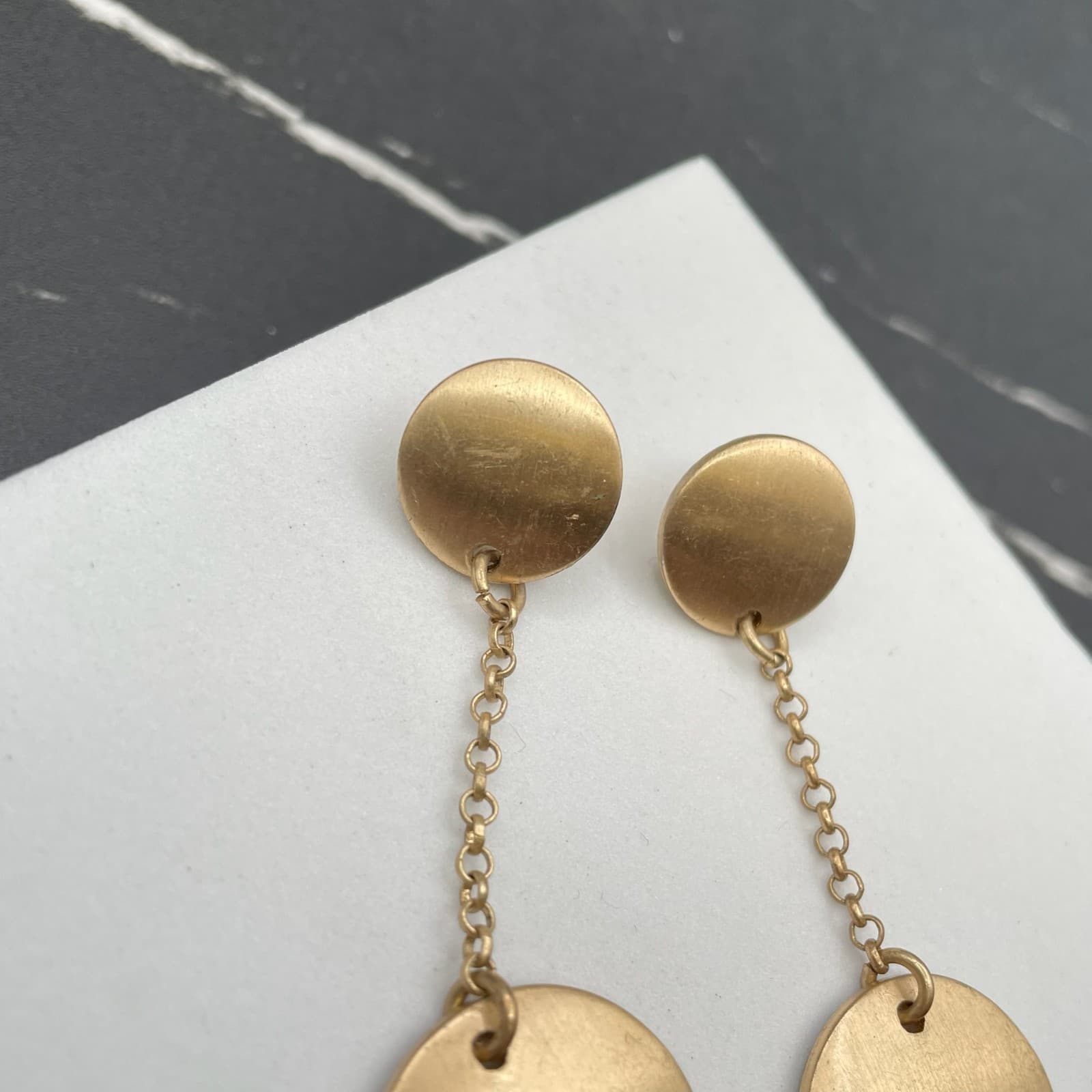 Contemporary Gold-Tone Classic Round Link Chain Double Disc Drop Dangle Earrings - Thumbnail 7