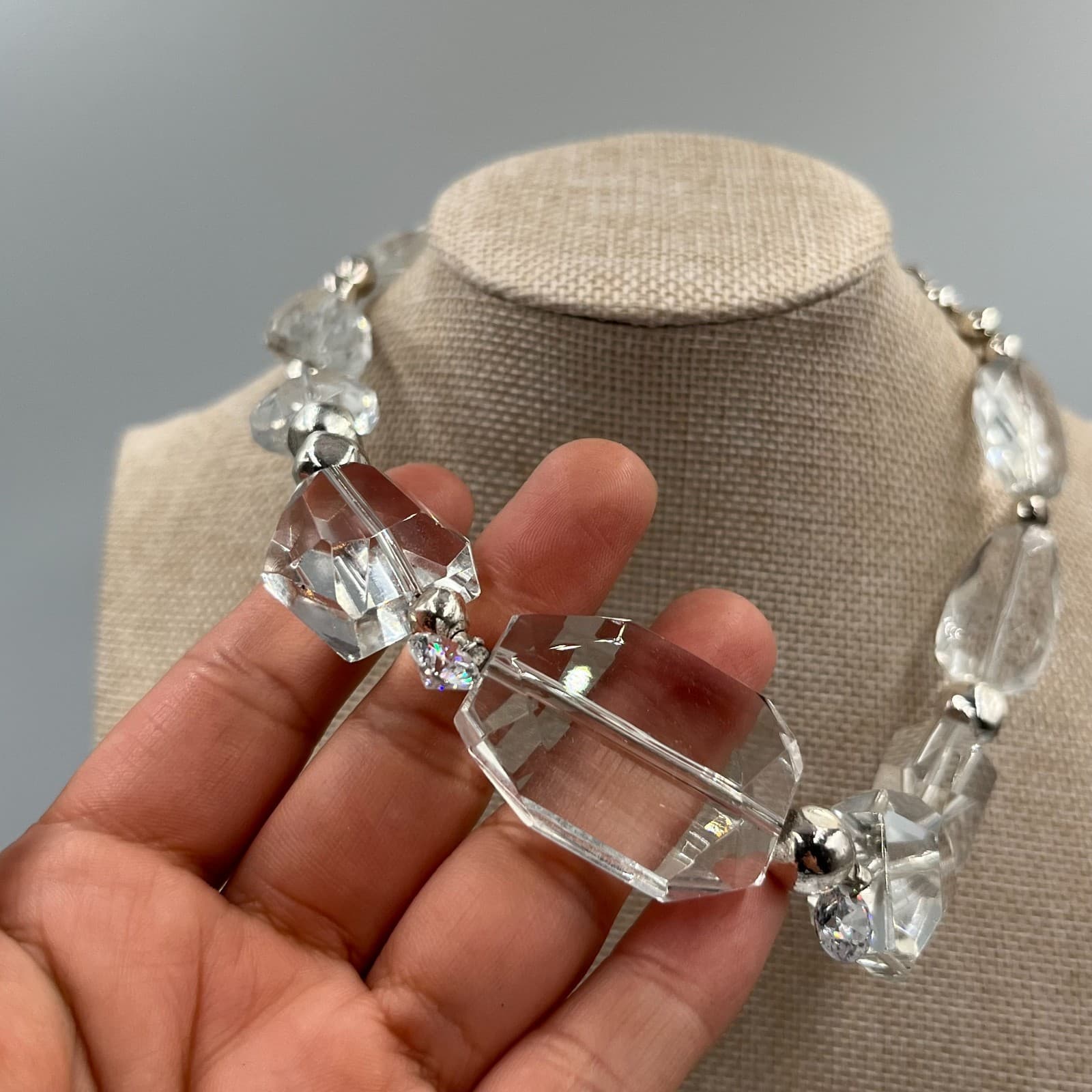 Vintage Chico's Clear Faceted Glass Bead Necklace Chunky Silver Tone Statement - Thumbnail 4