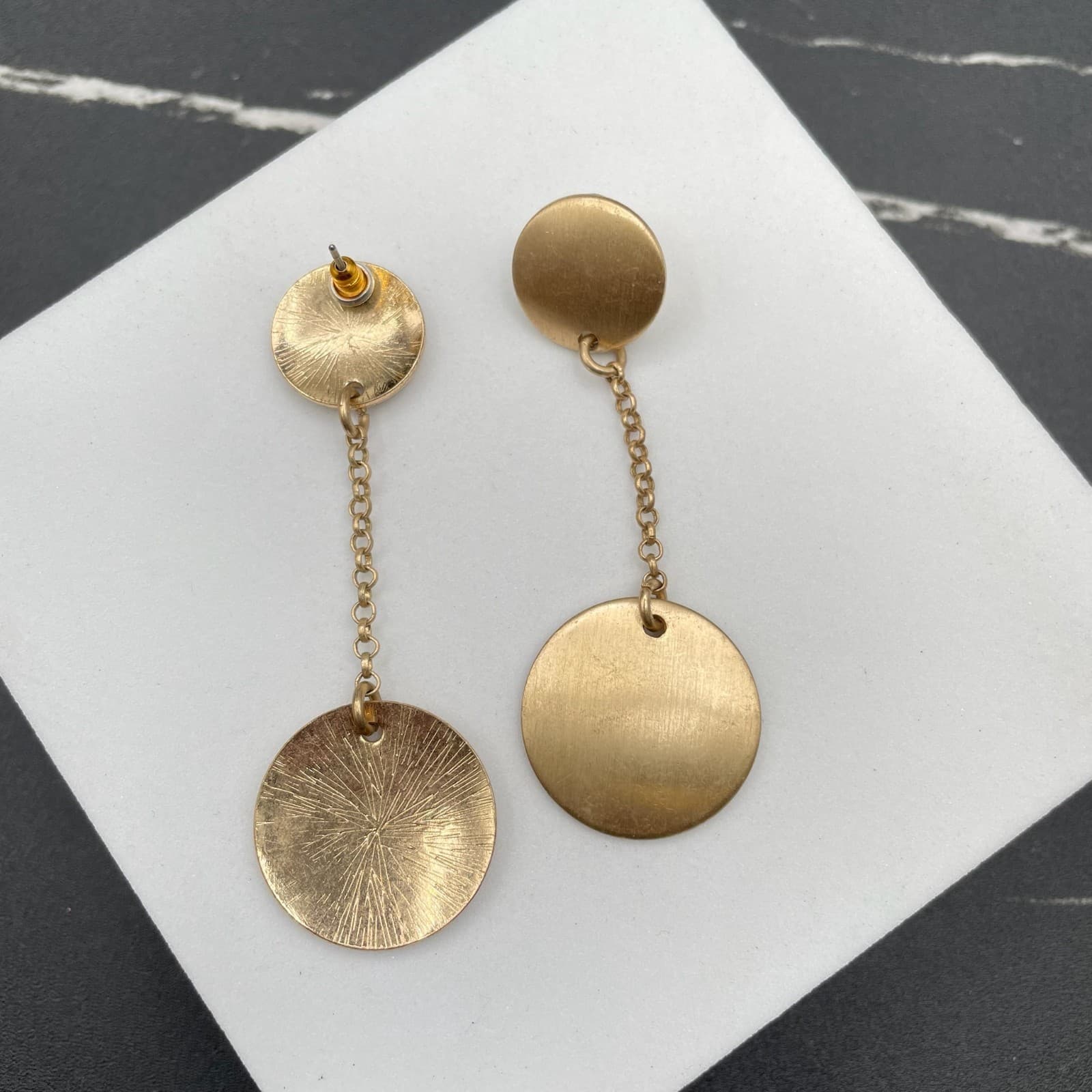 Contemporary Gold-Tone Classic Round Link Chain Double Disc Drop Dangle Earrings - Thumbnail 2