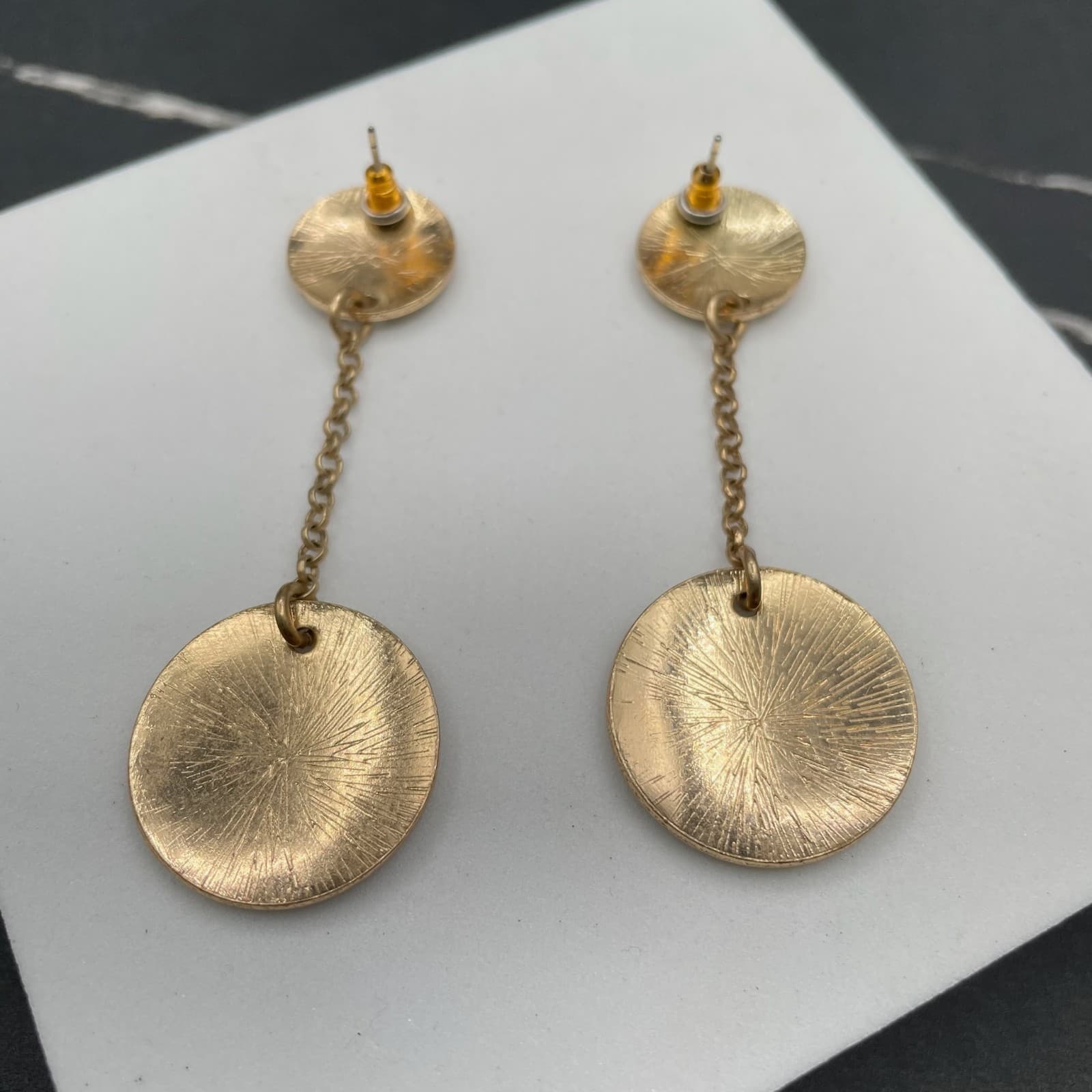 Contemporary Gold-Tone Classic Round Link Chain Double Disc Drop Dangle Earrings - Thumbnail 4