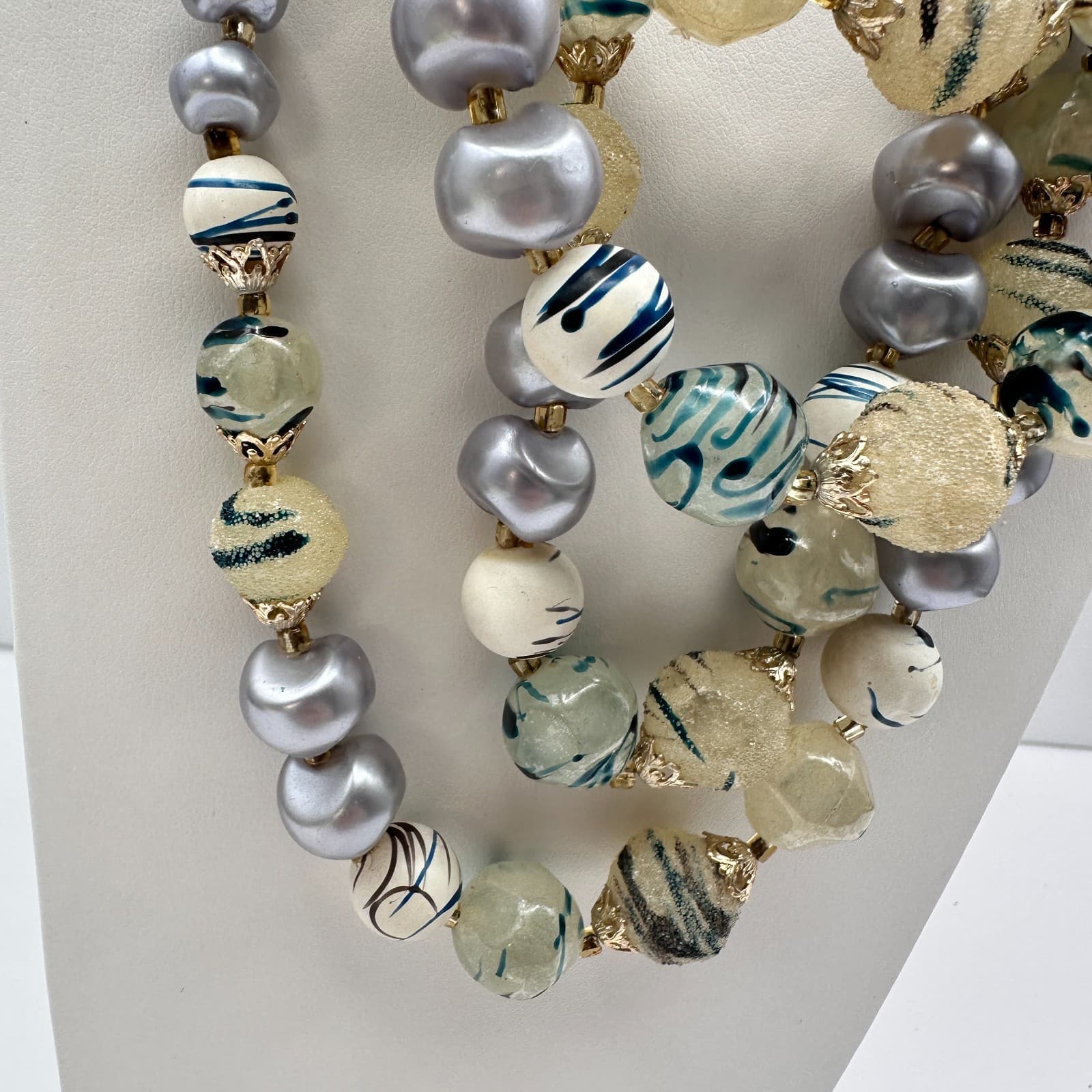 Vintage 90s Mixed Beaded Necklace Faux Pearl Statement Women's Classic Jewelry - Thumbnail 3