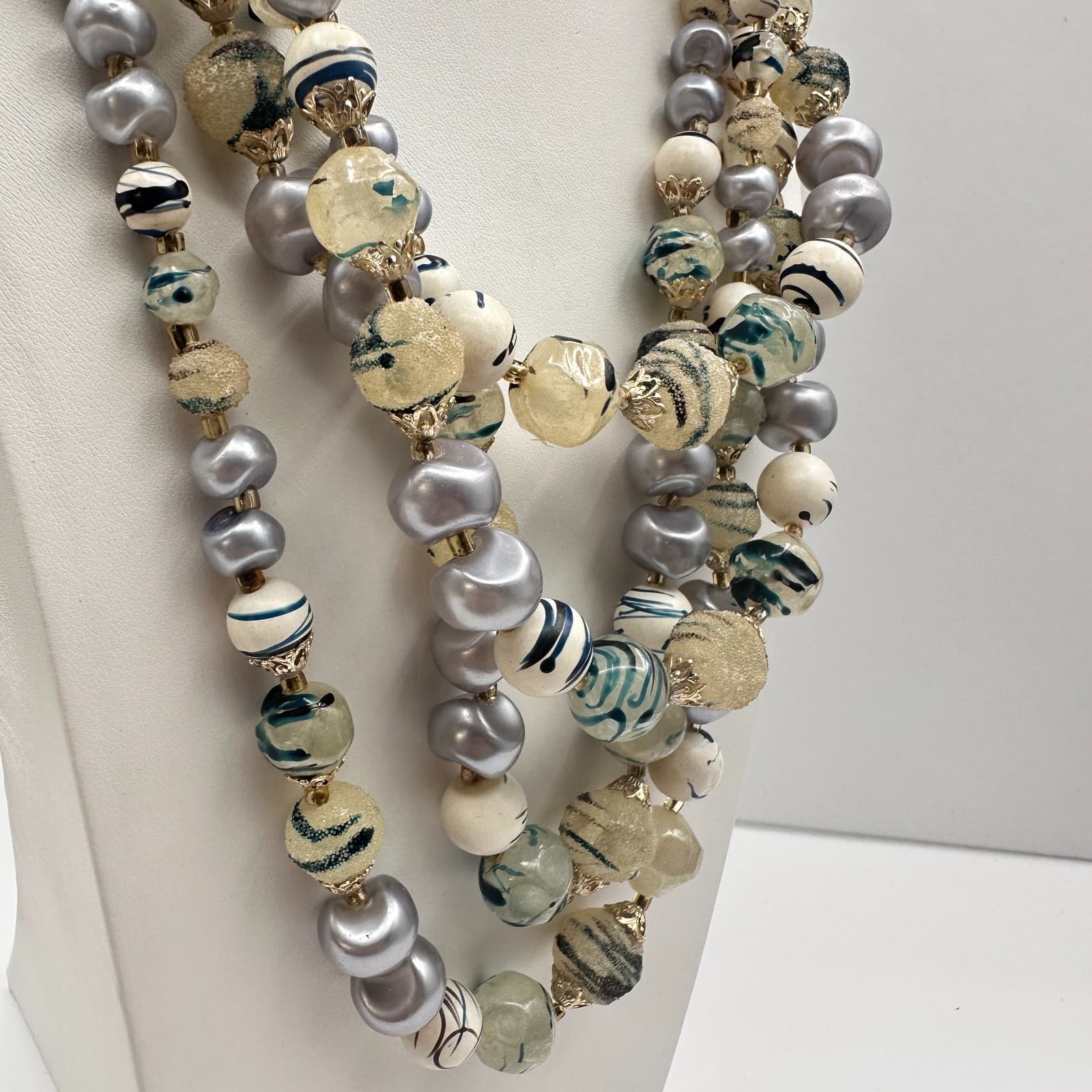 Vintage 90s Mixed Beaded Necklace Faux Pearl Statement Women's Classic Jewelry - Thumbnail 13