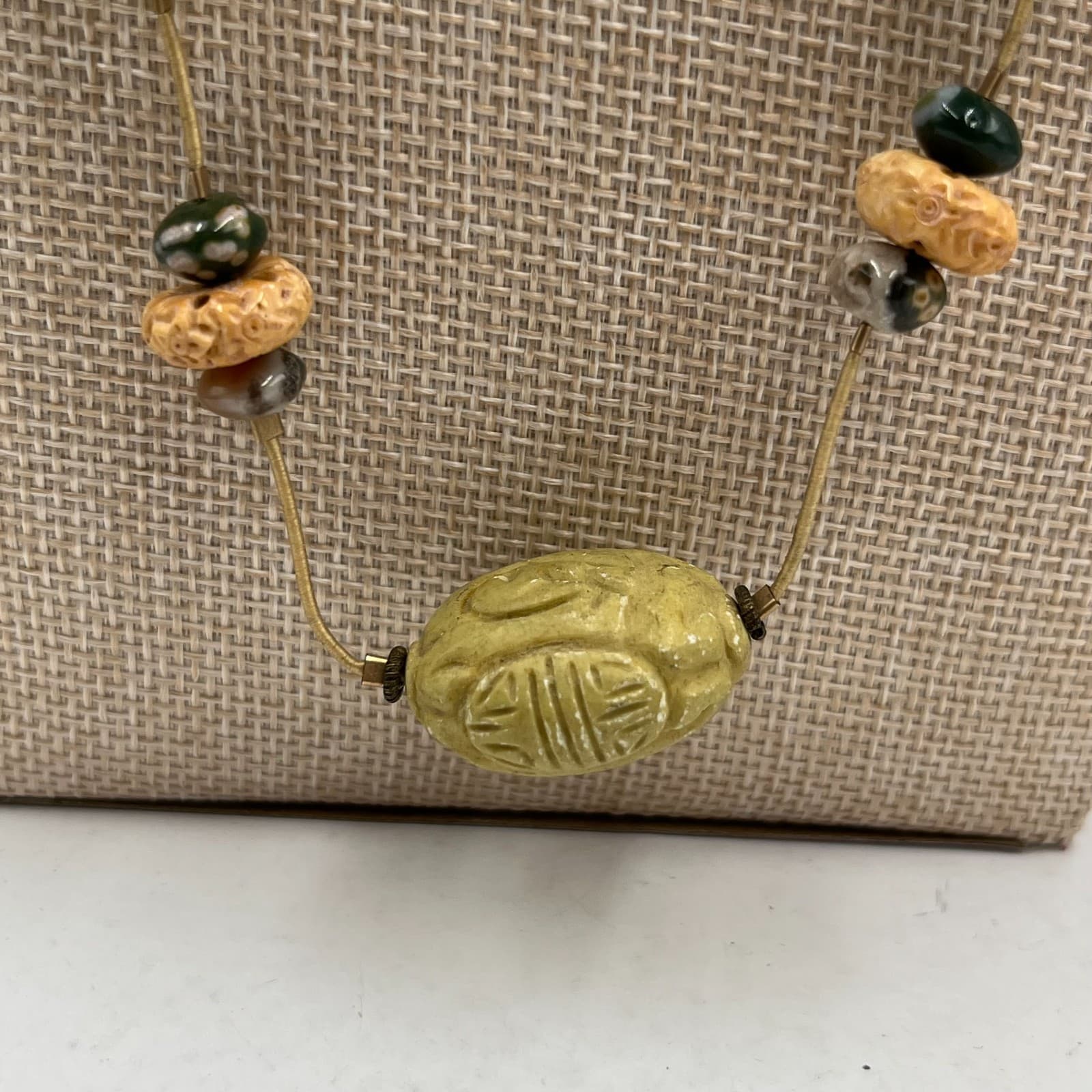 Vintage Egyptian Revival Scarab Necklace Multi-Stone Carved Glass Gold Tone 18" - Thumbnail 3