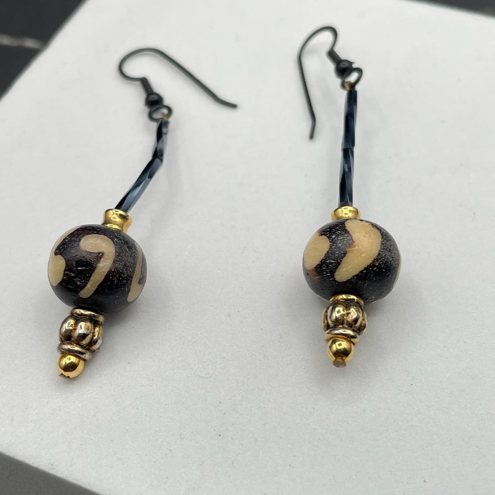 Bohemian Gold-Tone Surgical Steel Glass Ball Beaded Batik Bone Dangle Earrings - Thumbnail 3