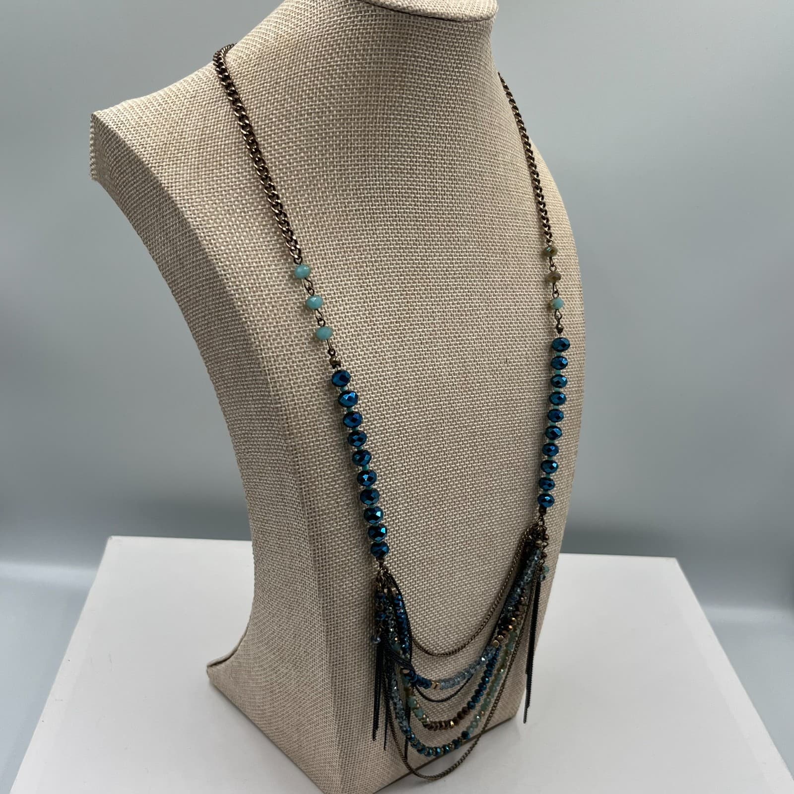 Vintage Multi Strand Beaded Necklace Teal Blue Boho Statement Bronze Fringe - Thumbnail 4