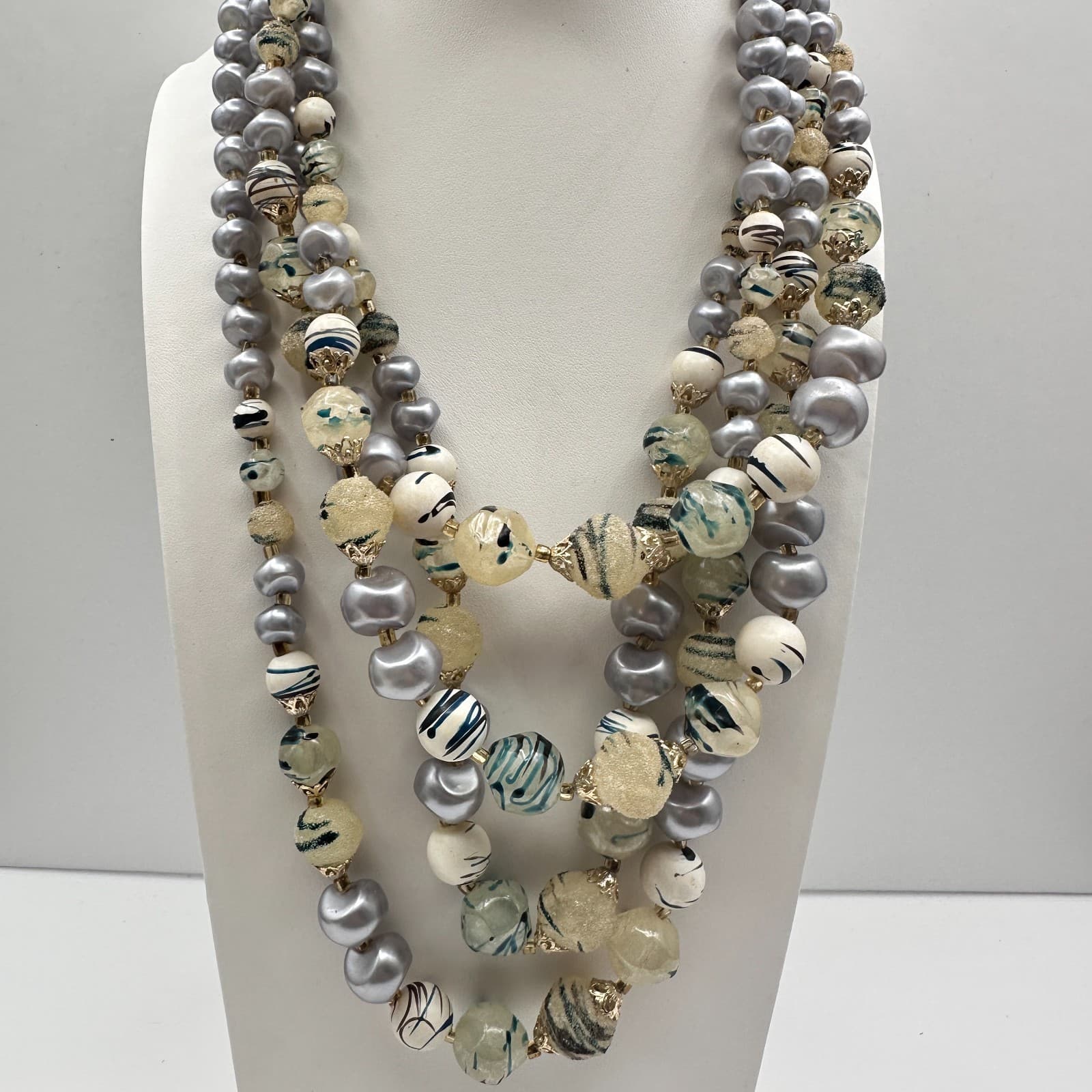 Vintage 90s Mixed Beaded Necklace Faux Pearl Statement Women's Classic Jewelry - Thumbnail 12