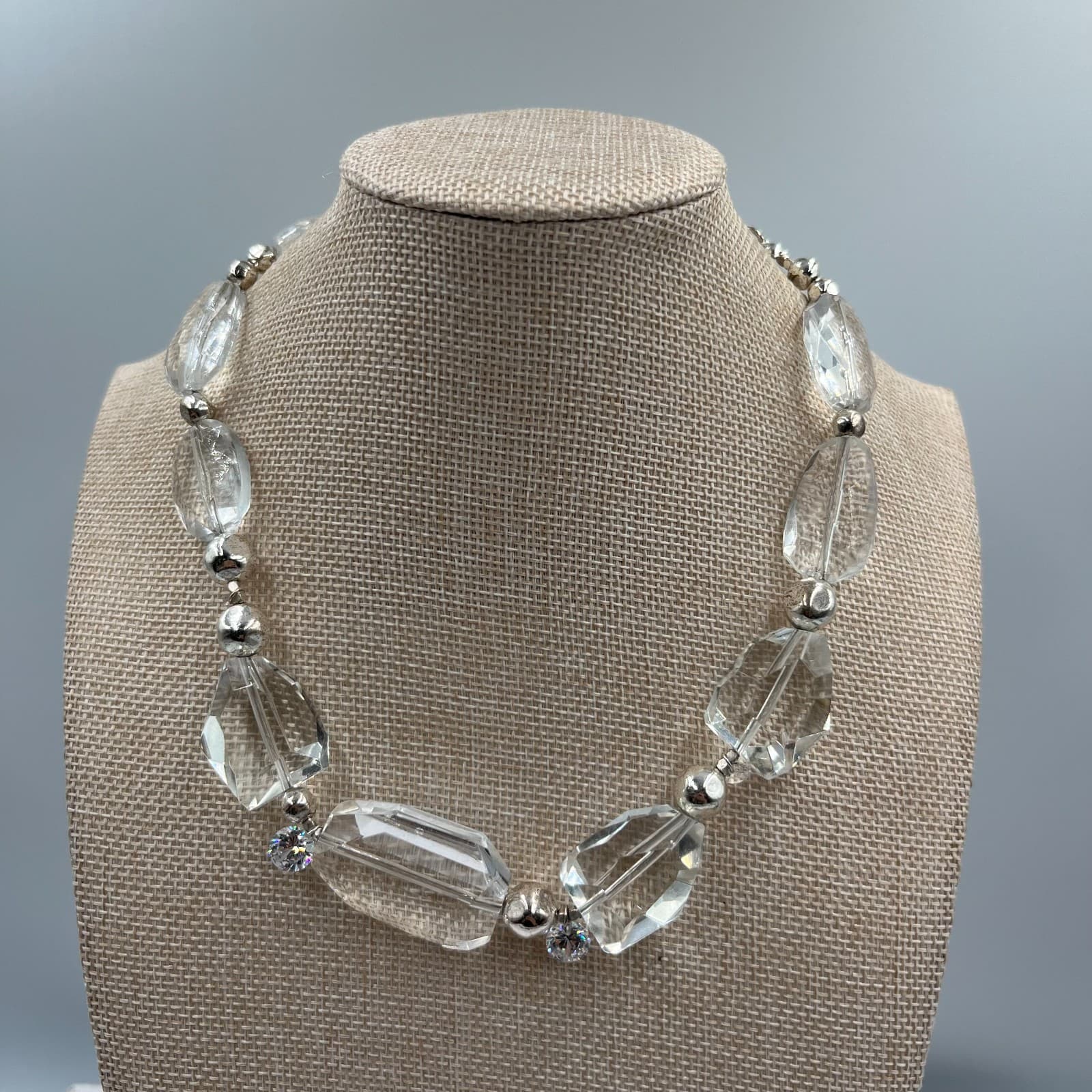 Vintage Chico's Clear Faceted Glass Bead Necklace Chunky Silver Tone Statement - Image 1