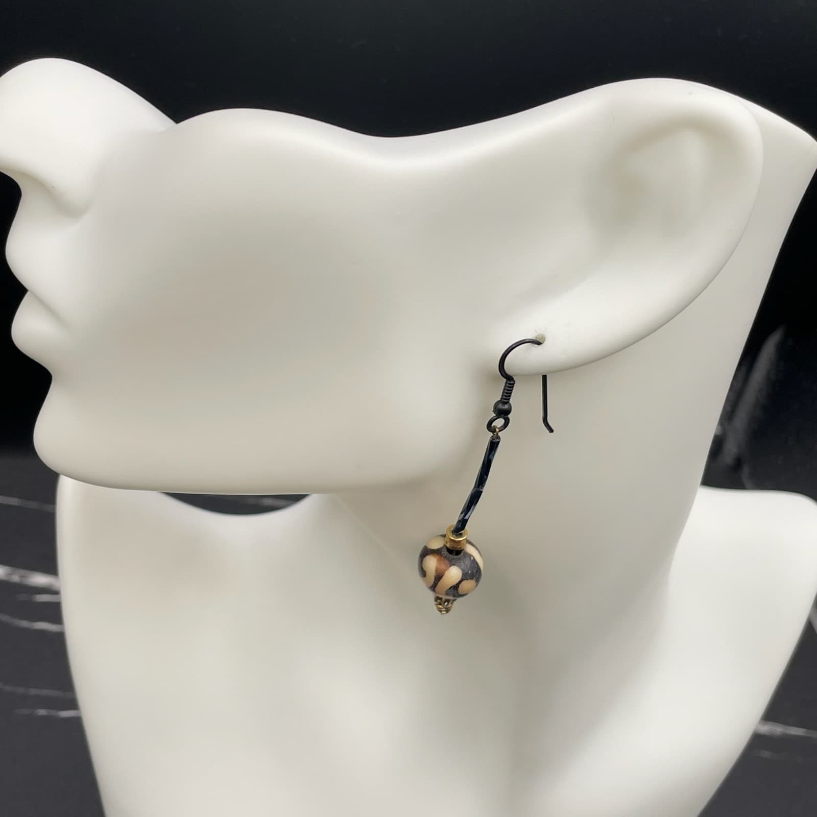 Bohemian Gold-Tone Surgical Steel Glass Ball Beaded Batik Bone Dangle Earrings - Thumbnail 6