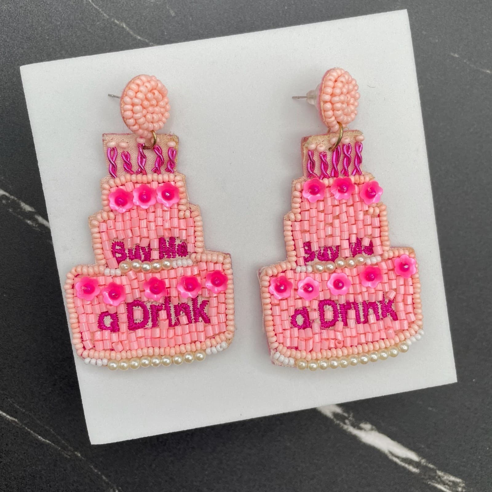 Pink Seed Bead Tiered Embroidery Thread "Buy Me a Drink" Cake Felt Drop Earrings - Thumbnail 2
