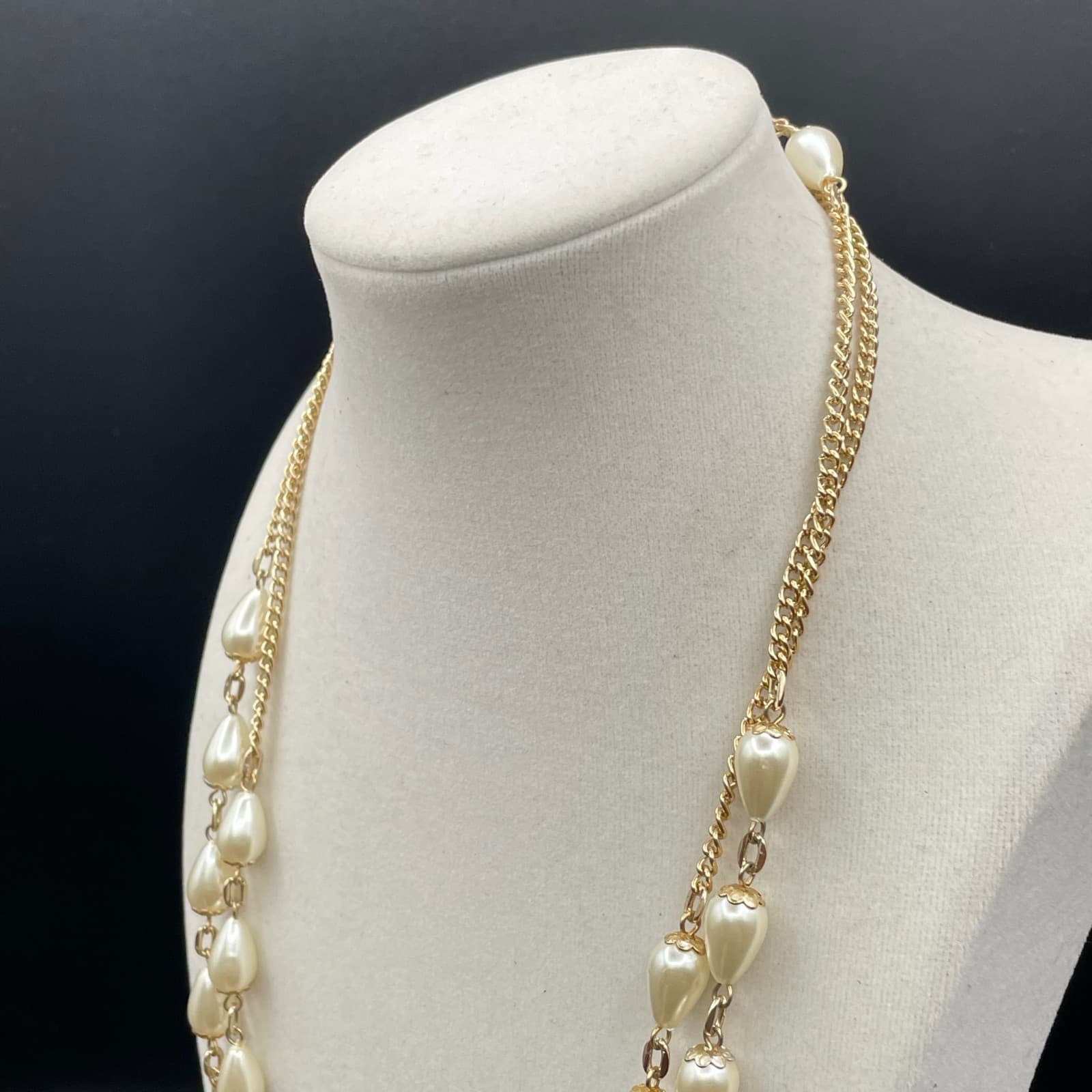 Vintage Gold-Tone Chain Mother Of Pearl Teardrop Beaded Double-Stranded Necklace - Thumbnail 7