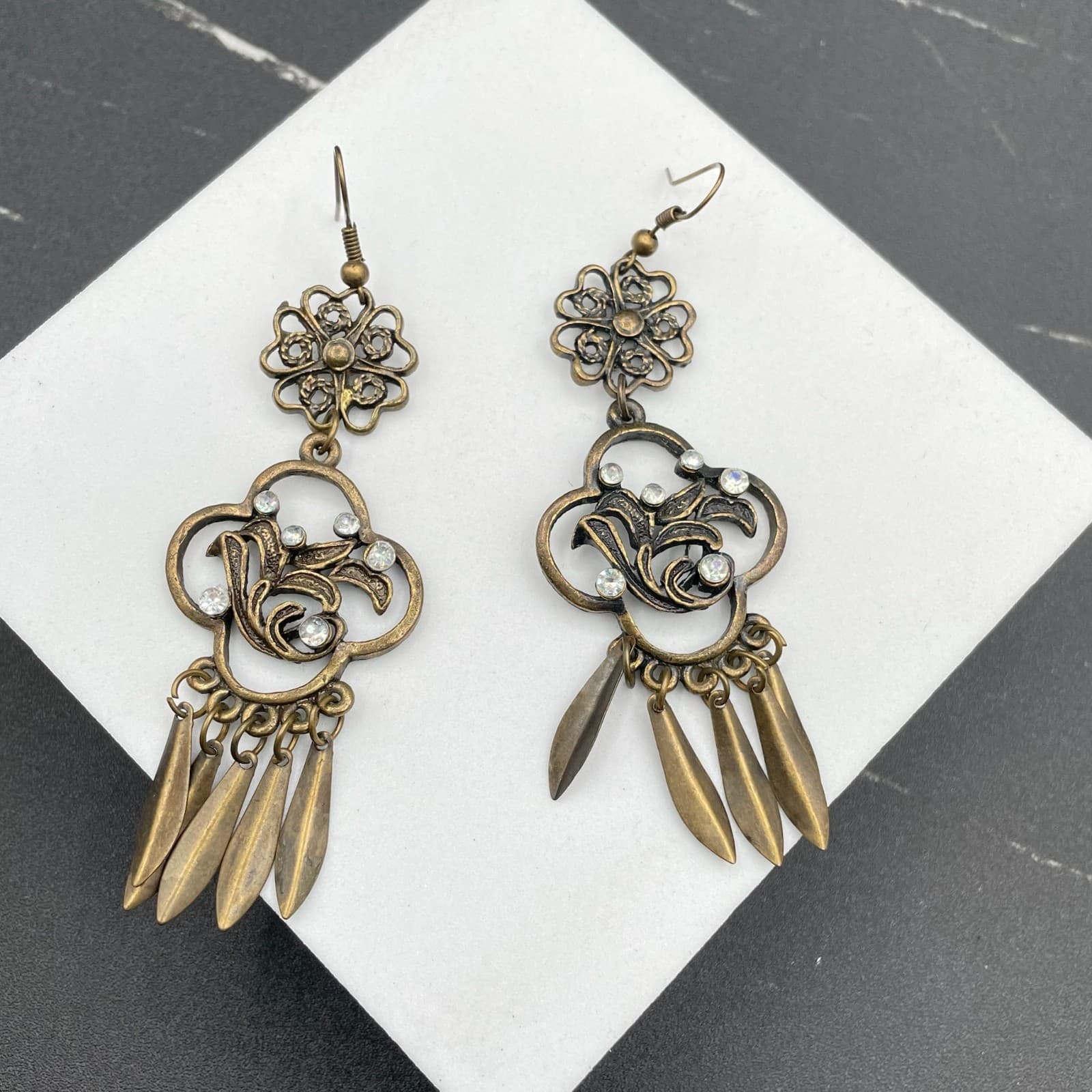 Vintage Bronze-Tone Rhinestone Floral Quatrefoil Swords Tassel Dangle Earrings - Thumbnail 6