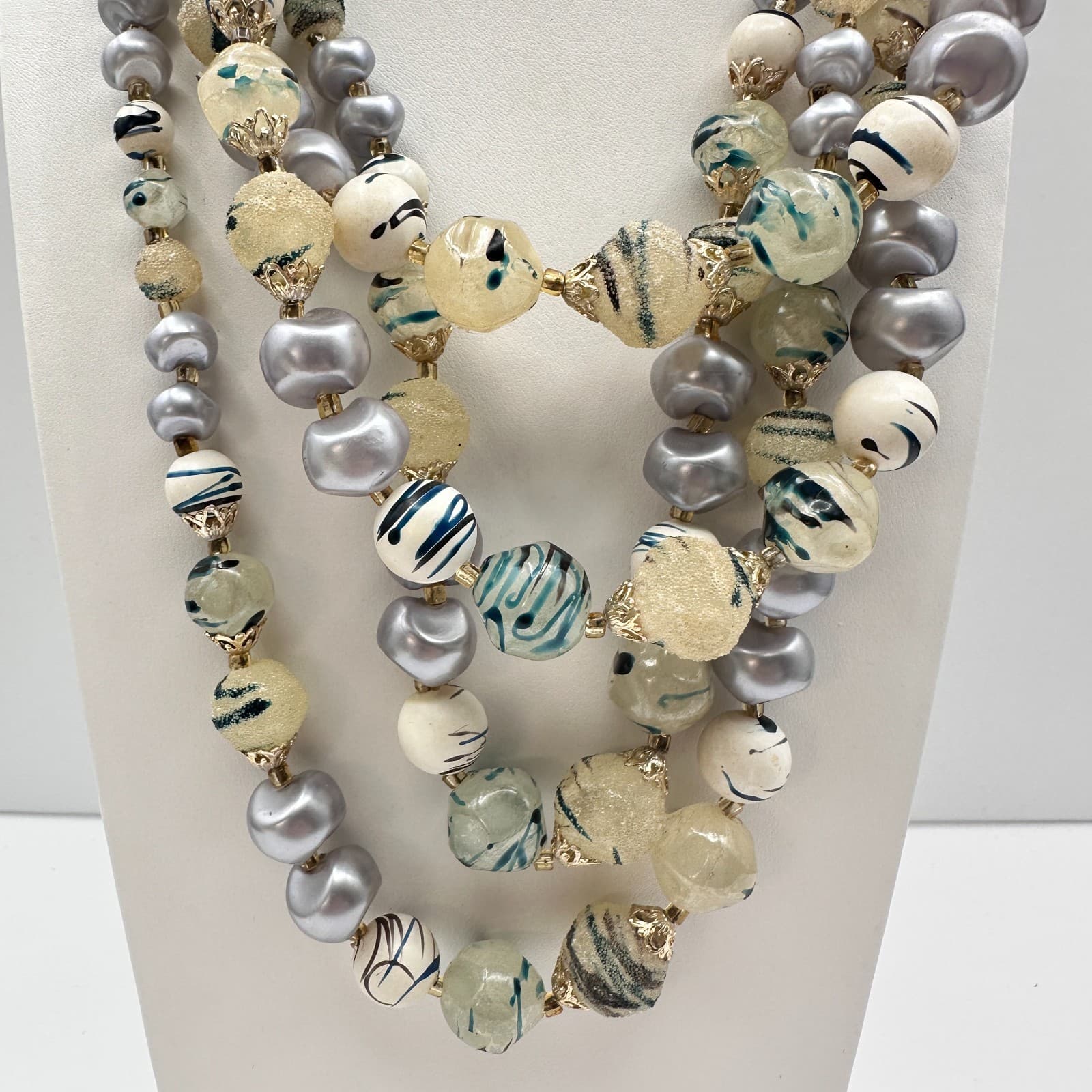 Vintage 90s Mixed Beaded Necklace Faux Pearl Statement Women's Classic Jewelry - Thumbnail 2
