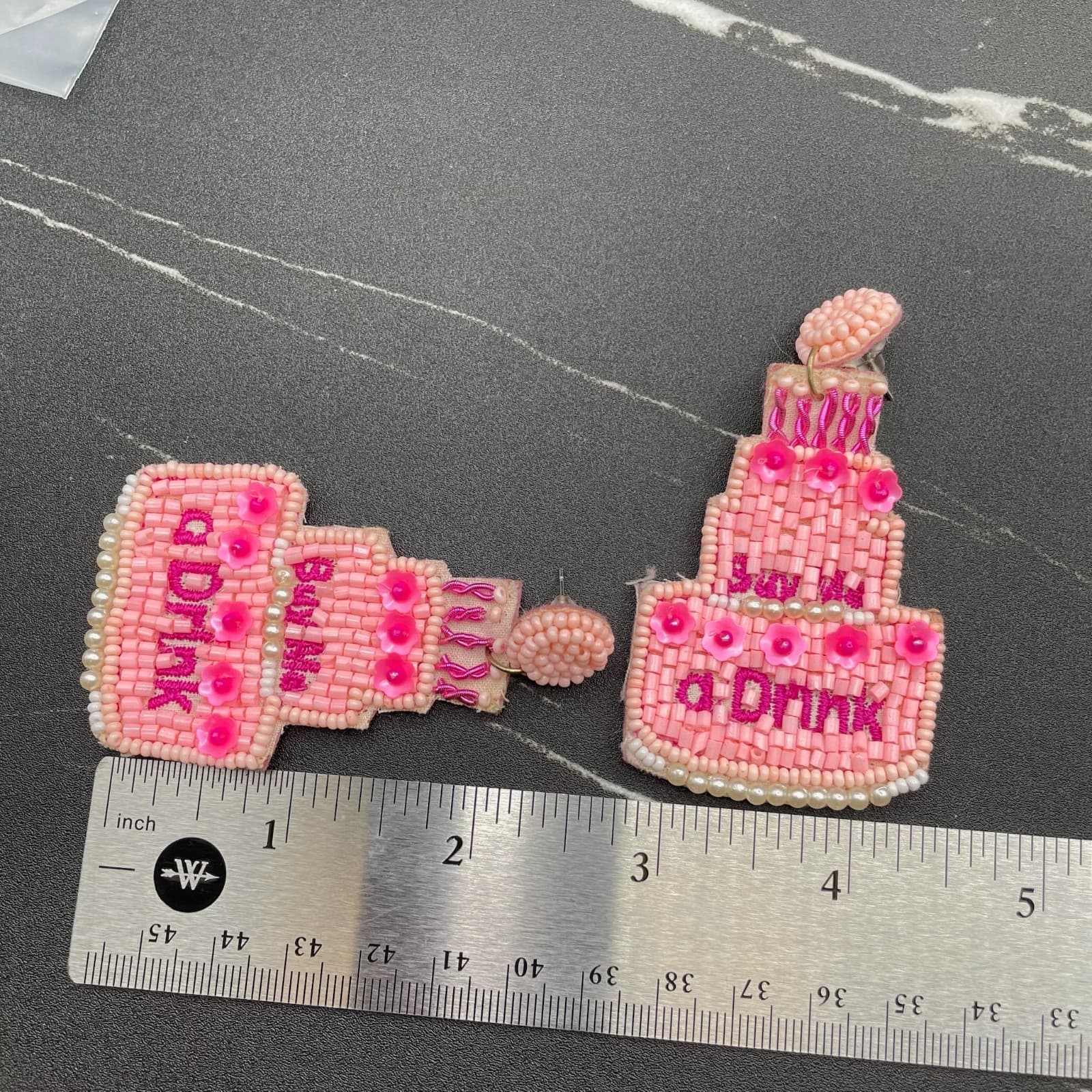 Pink Seed Bead Tiered Embroidery Thread "Buy Me a Drink" Cake Felt Drop Earrings - Thumbnail 9