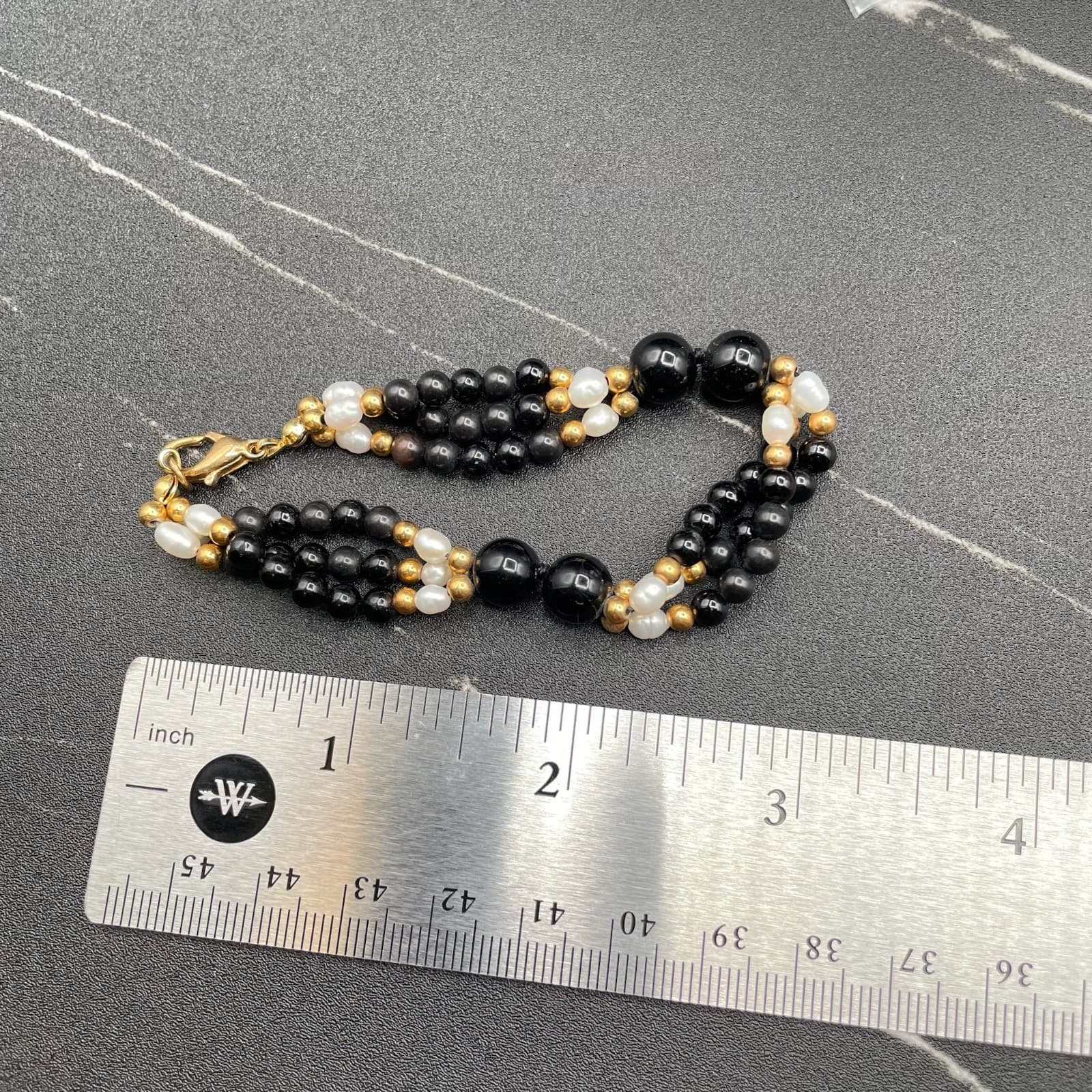 Vintage Gold-Tone Classic Onyx & Pearl Beaded Multi-Strand Lobster Bracelet - Image 1
